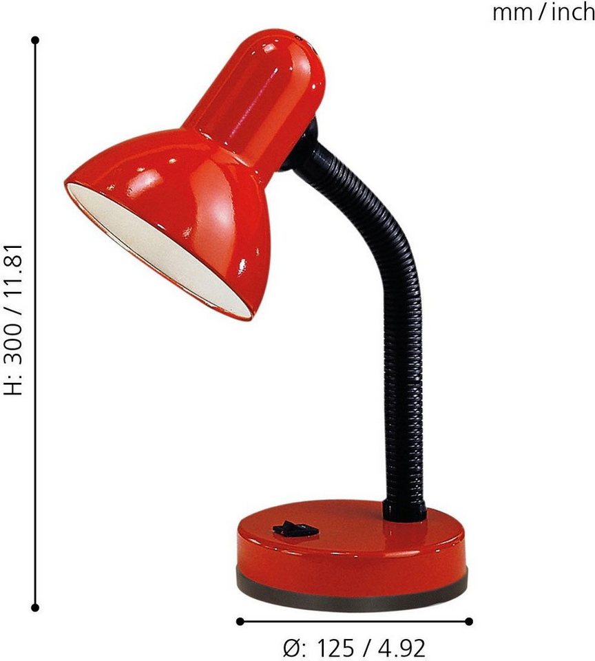 EGLO Tischleuchte BASIC, Leuchtmittel wechselbar, ohne Leuchtmittel, rot /  Ø12,5 x H30 cm / Wippschalter - schwenkbar - flexibler Hals