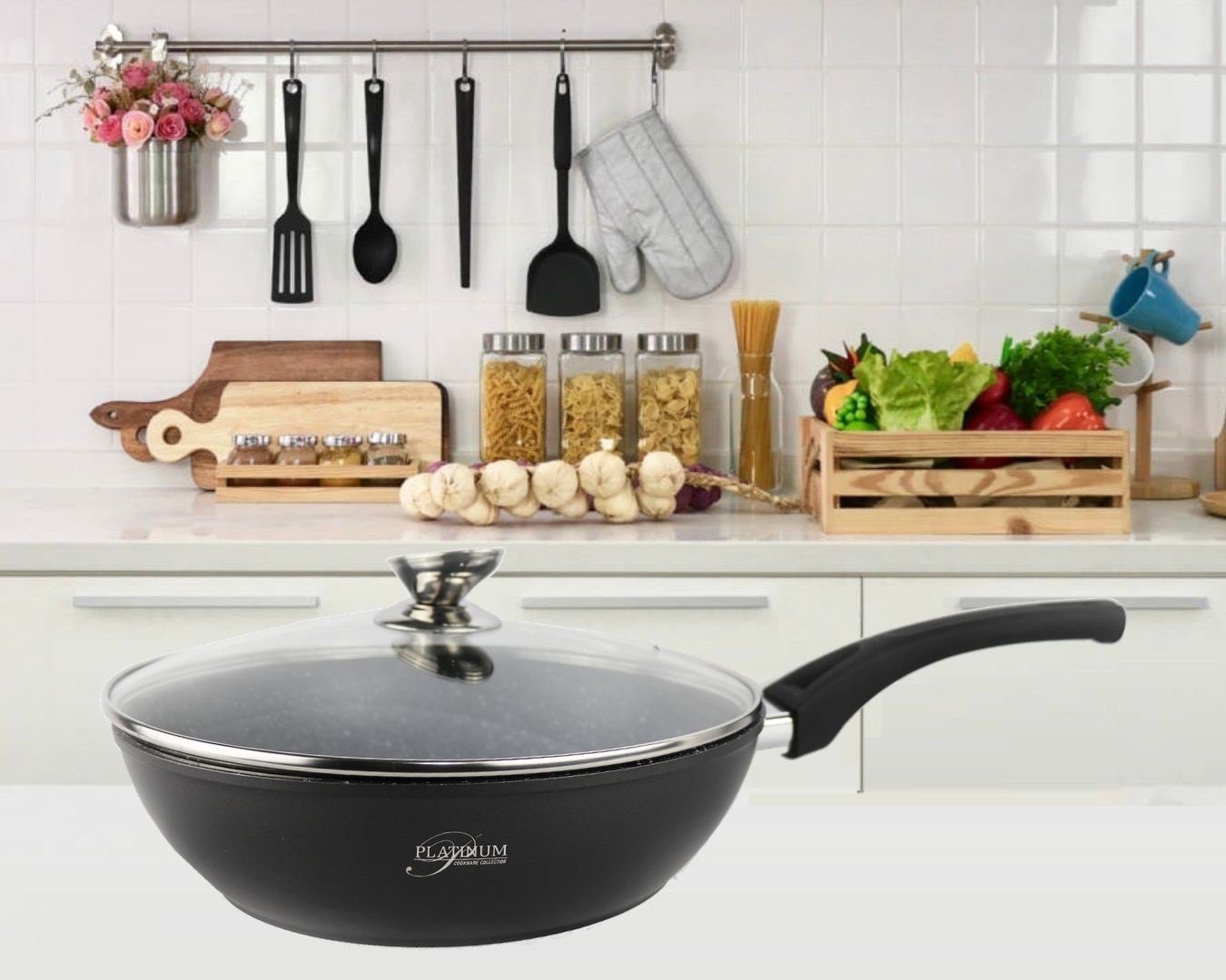 Platinum Bratpfanne Bratpfanne 28cm Glasdeckel Induktion Marmor Antikratz Pfanne 3-lagige