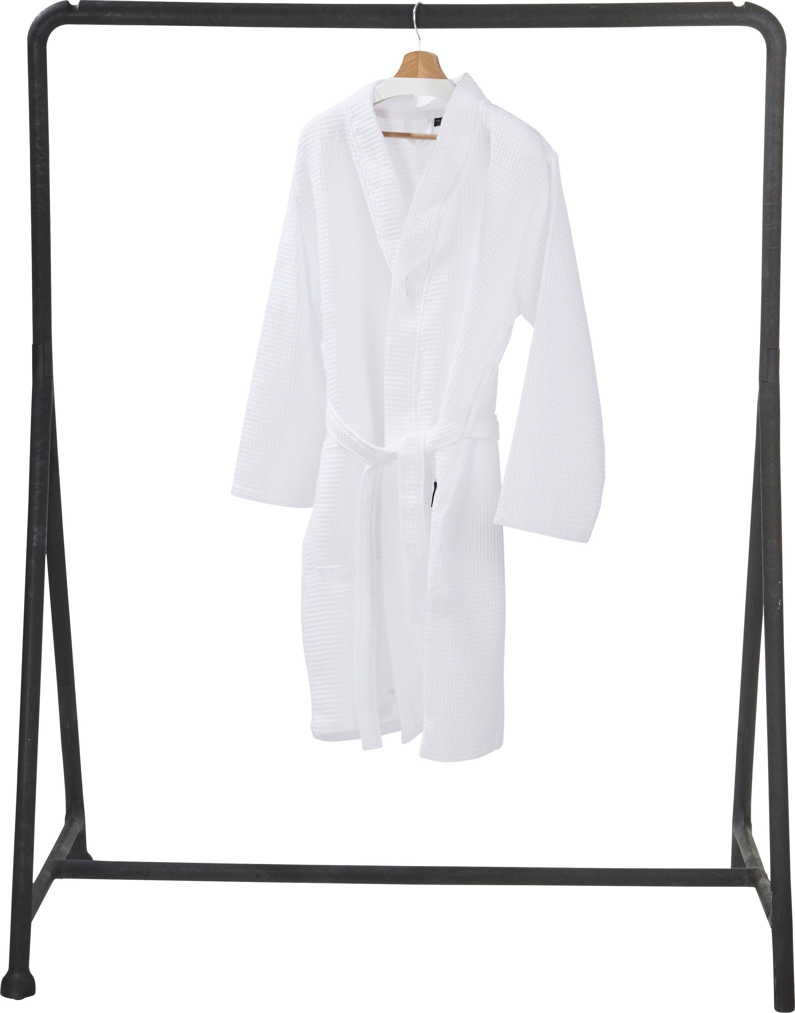 Taschen aufgesetzten mit Kurzform, MySense, Waffelpiqué-Struktur, Piqué, done.® weiß und Damenbademantel Schalkragen