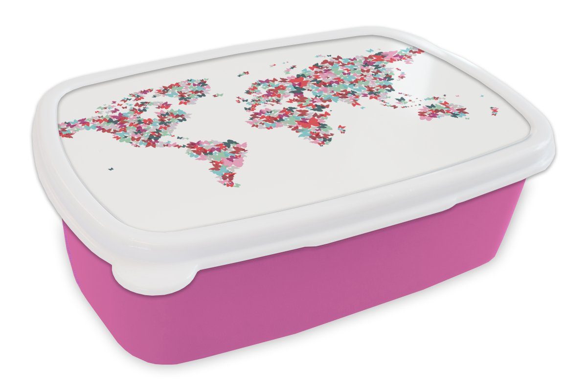 MuchoWow Lunchbox Weltkarte - Farben - Schmetterlinge - Kinder - Jungen - Mädchen, Kunststoff, (2-tlg), Brotbox für Erwachsene, Brotdose Kinder, Snackbox, Mädchen, Kunststoff rosa