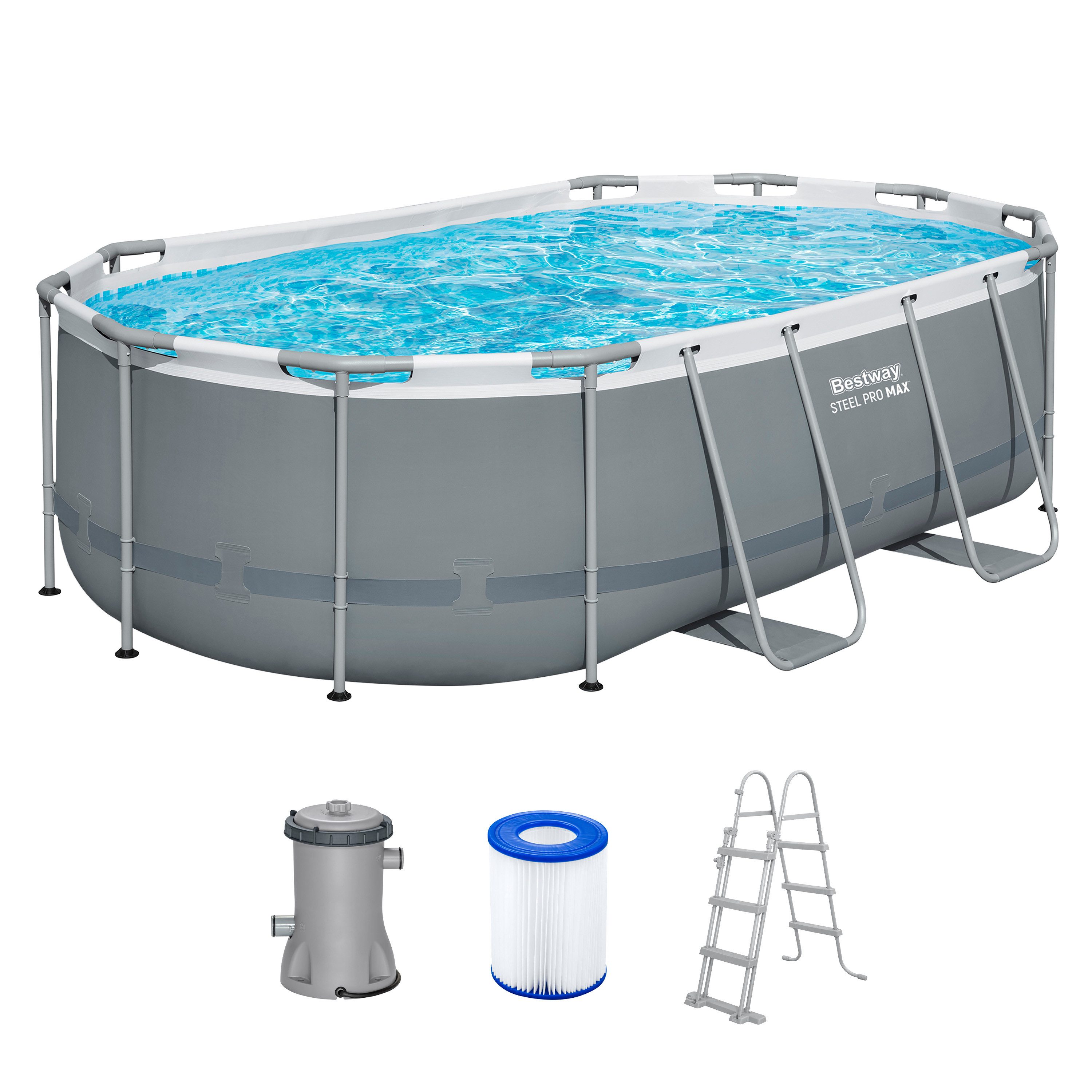 Bestway Framepool 56620 Steel Pro MAX™ Frame Pool (Komplett Set, 5-tlg., Pool, Pumpe, Filter, Leiter, Dosierer), robust und langlebig, 427x250x100cm