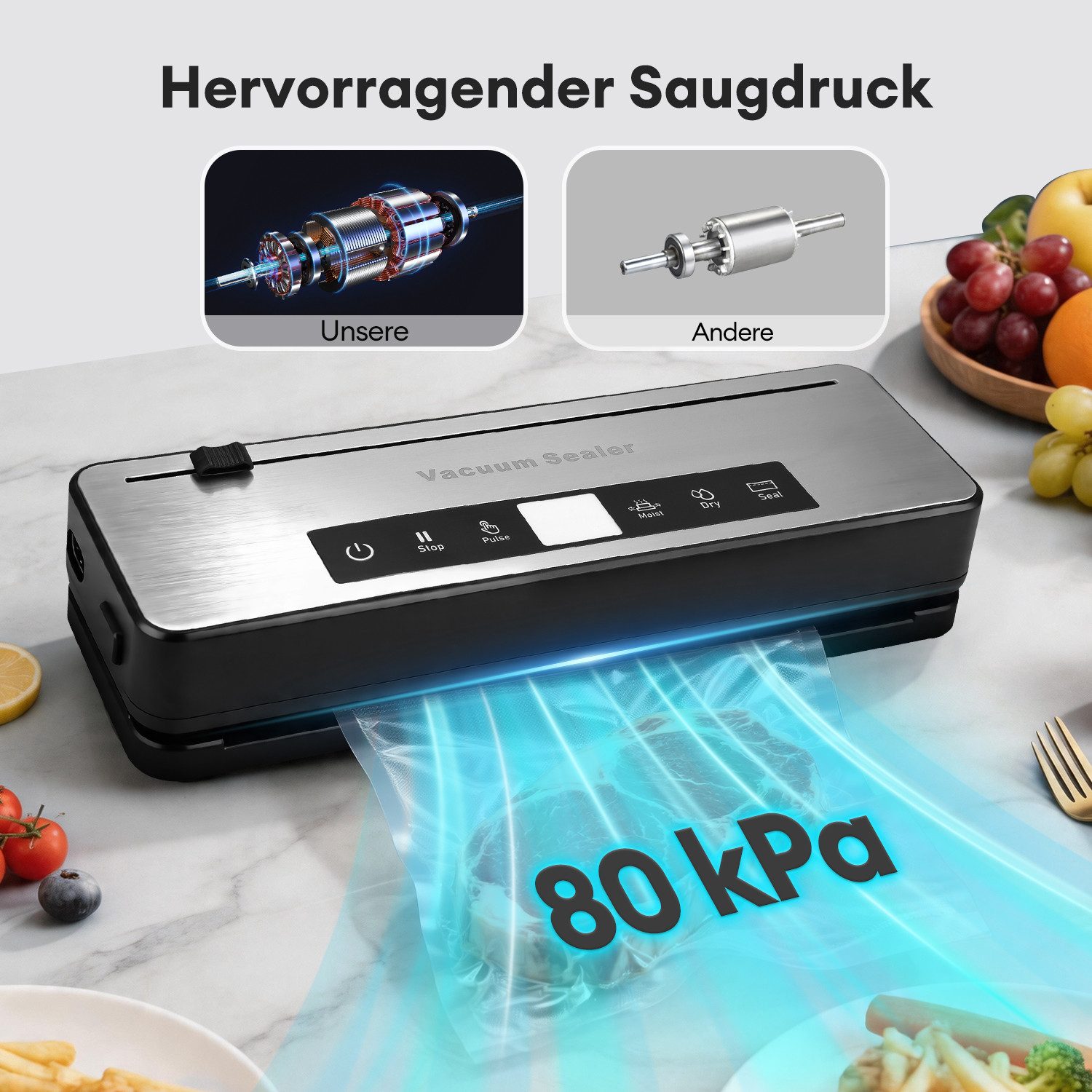 CkeyiN Pro Vakuumierer 80 kPa Vakumierergerät für Lebensmittel,4-in-1 Folienschweißgerät, 100W, für Trockene, Feuchte, Frische, mit Schlauch und 10Vakuumier-Beutel