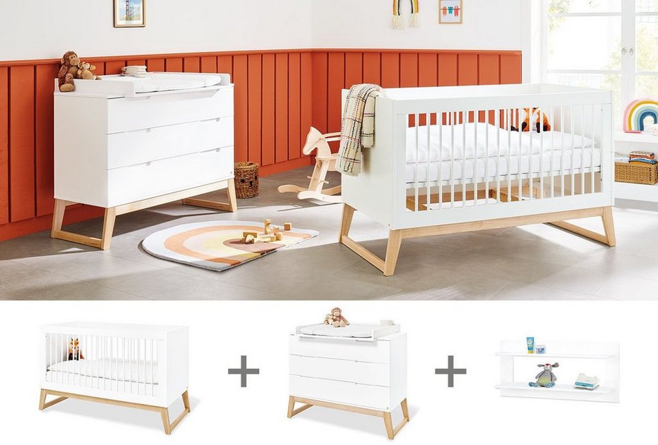 Pinolino® Babymöbel-Set Bridge, (Spar-Set, 3-St., Kinderbett,  Wickelkommode, Wandregal), breit; mit Kinderbett, Wickelkommode