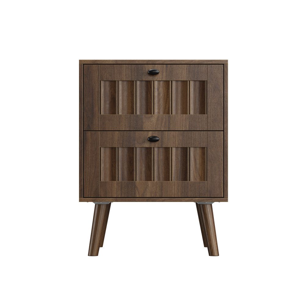 BBWL Nachttisch 2 Schubladen Holz Mid Century Beistelltisch mit Massivholzbeinen, Walnuss moderner Schlafzimmer Tisch – Bild 2 von 5