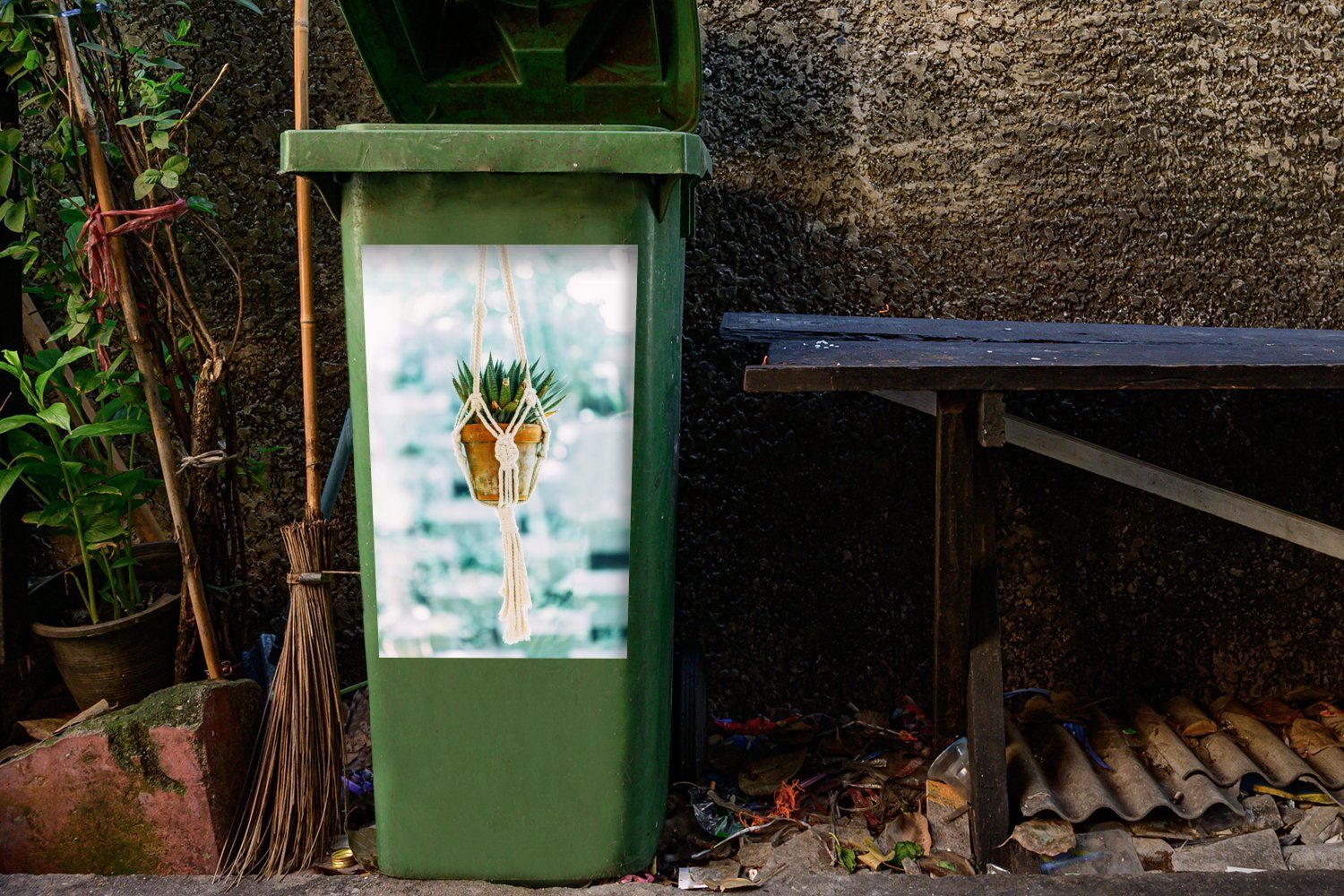 St), (1 Abfalbehälter Pflanze in Mülleimer-aufkleber, Wandsticker Makramee-Anhänger Container, Mülltonne, MuchoWow selbstgemachtem Sticker,