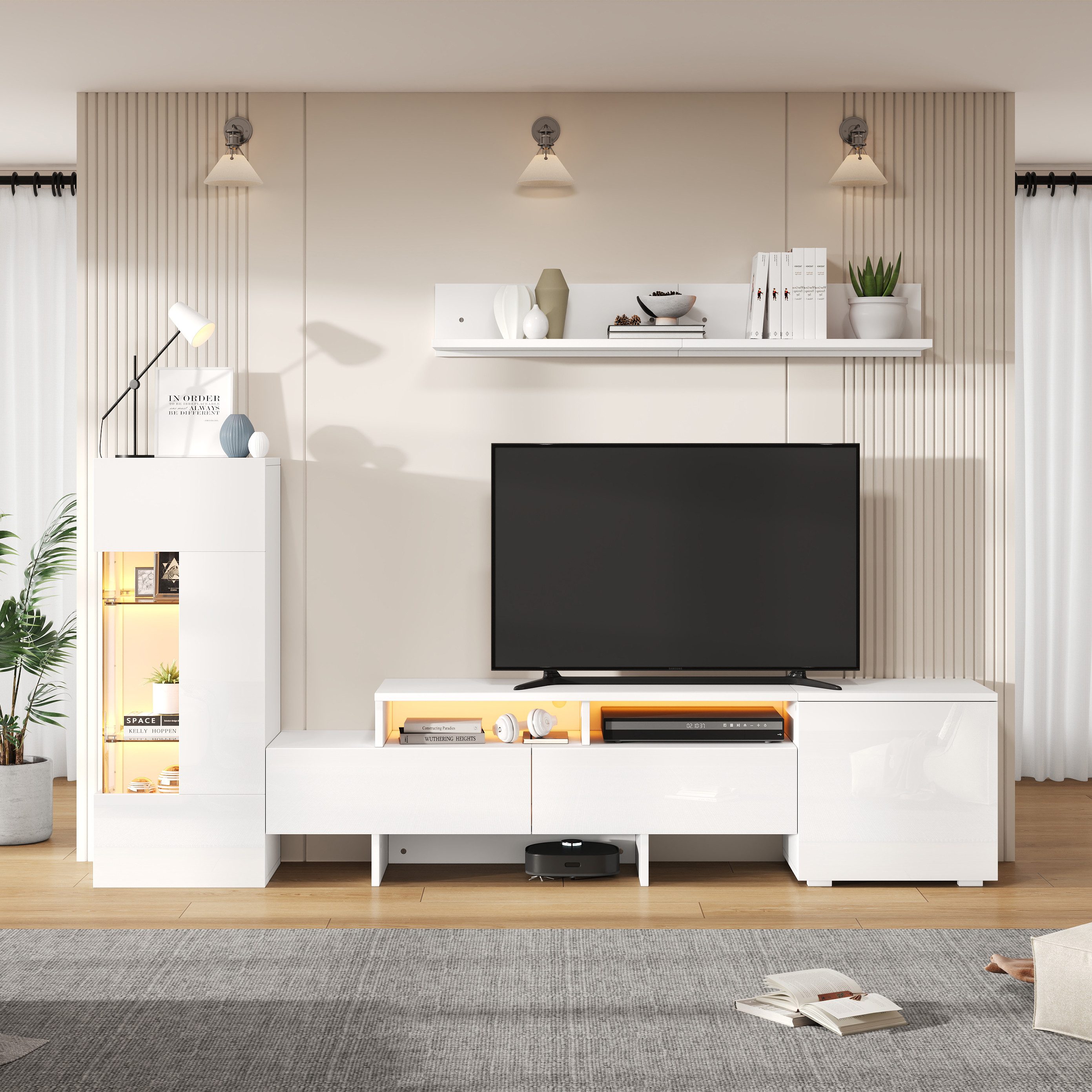 KLAM HOME Wohnwand Wohnwand Set 3-Teilig Mit Hochglanz Und LED Beleuchtung, (Moderne TV Wandkombination Mit Akryl Türen Und Glas Einlagen), Raumsparende Fernsehwand Für TVs Bis 70 Zoll In Weiß