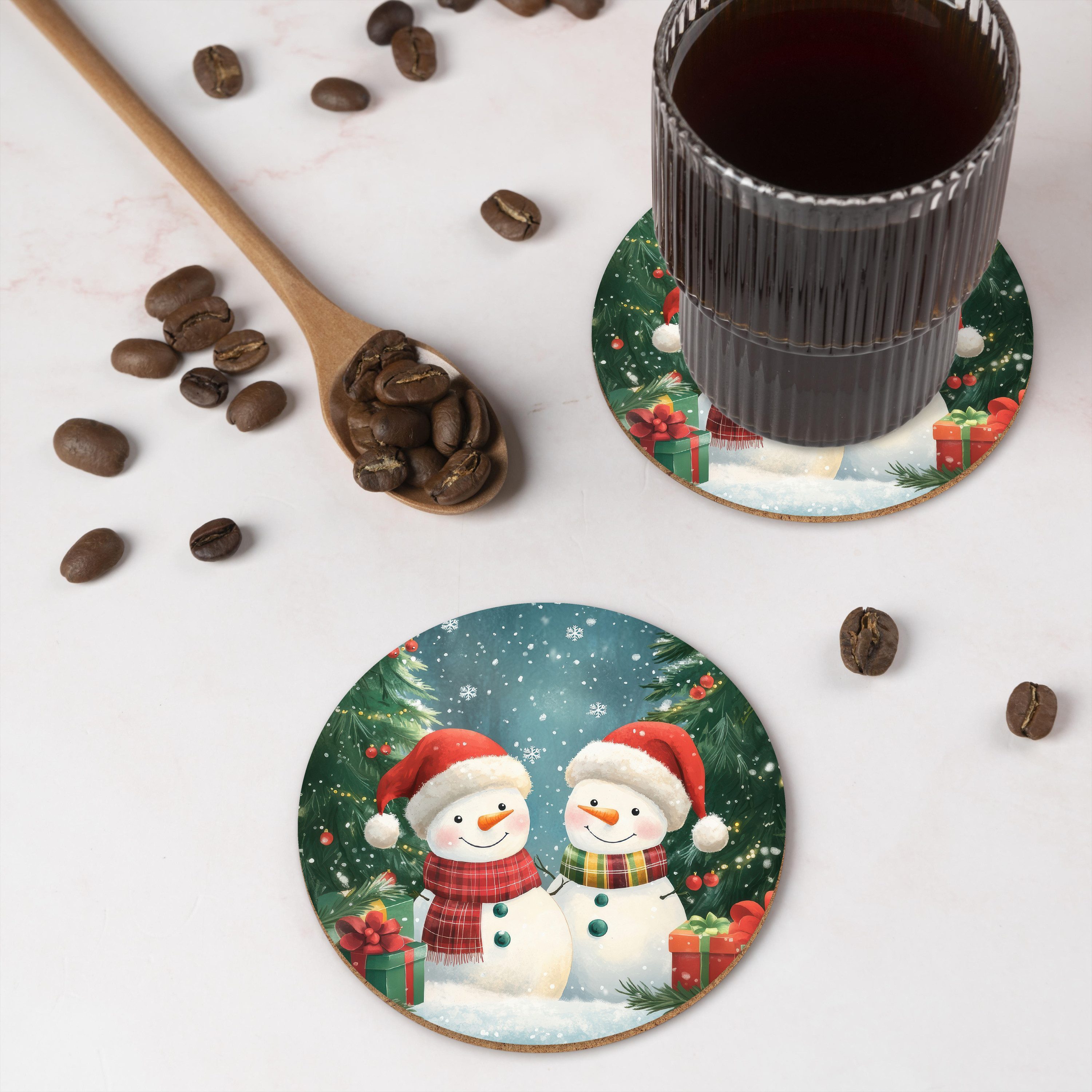 MuchoWow Glasuntersetzer Schneemann - Weihnachtsschnee - Grün - Rot, Zubehör für Gläser, 6-tlg., Getränkeuntersetzer, Rund, Tassenuntersetzer Kork, 10x10 cm
