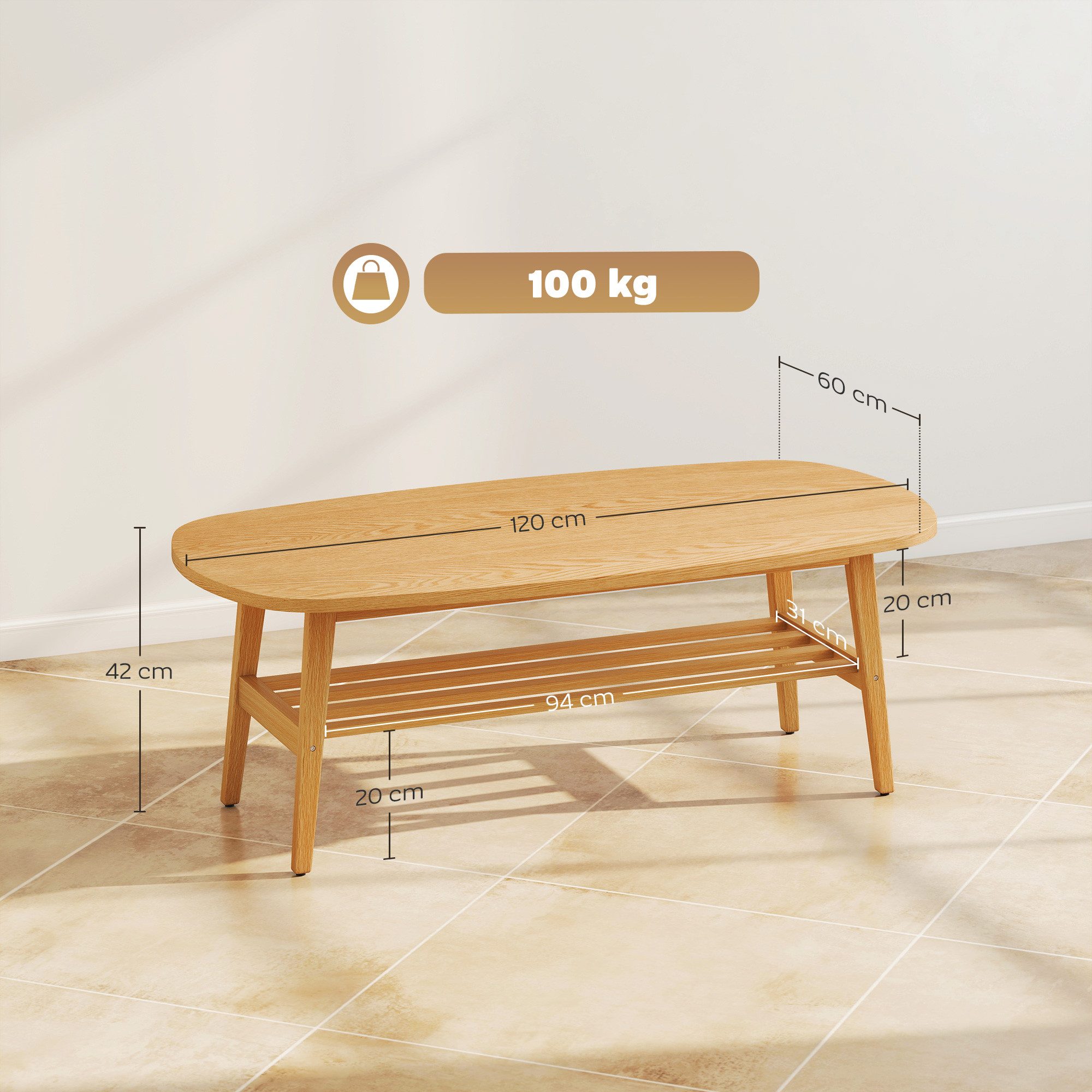 HOMCOM Couchtisch Sofatisch für Wohnzimmer (Set, 1-St., 1 Tisch), Ovale Tischplatte mit Ablage