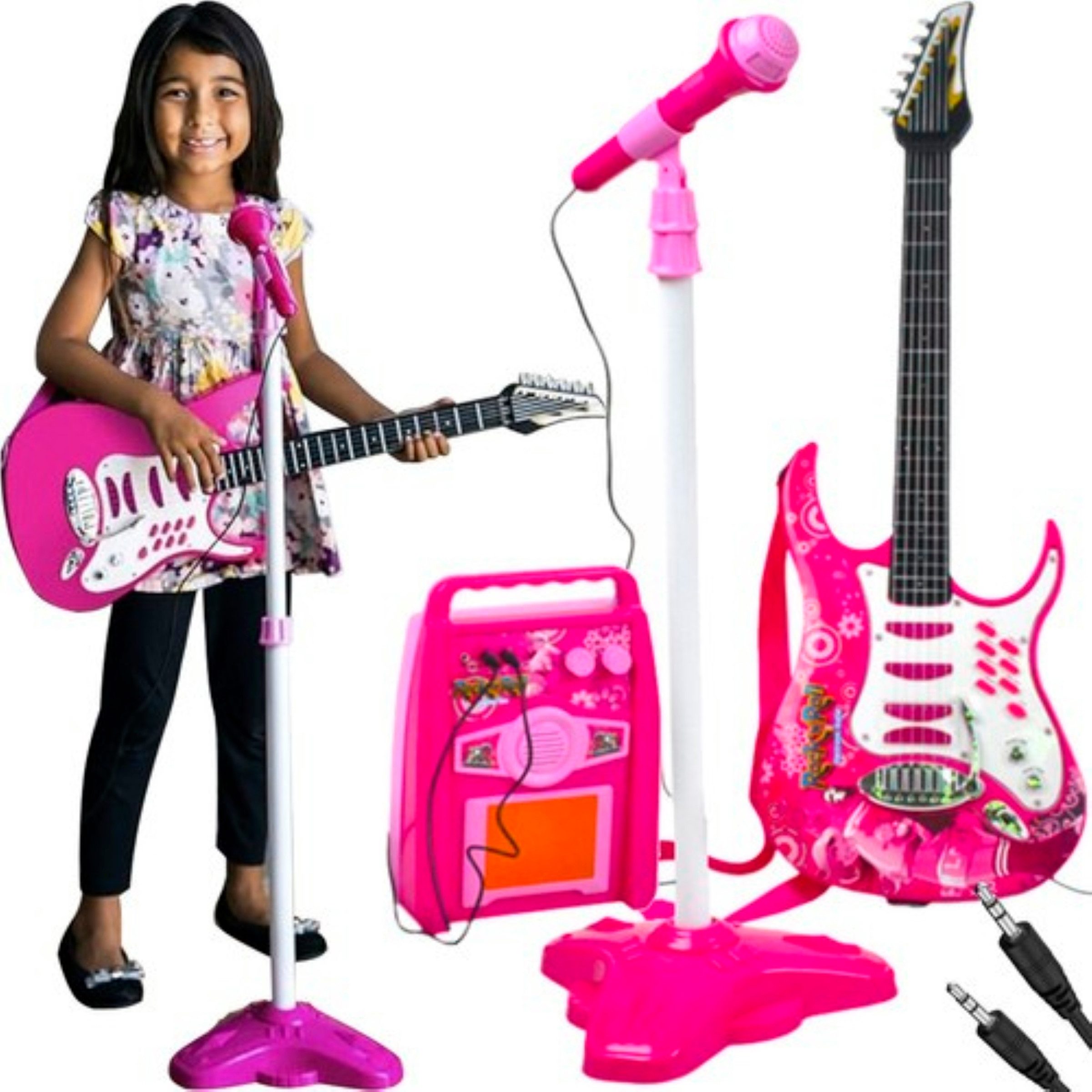 KRUZZEL Spiel-Gitarre Kinder E-Gitarre Set Rosa mit Verstärker Mikrofon MP3 LED-Lichter, (Kinder Musikspielzeug Set mit Gitarre Verstärker Mikrofon für Rollenspiel, Kinder E-Gitarre Set mit Mikrofon, Verstärker und Zubehör), Blinkende Lichter MP3-Musik abspielbar Kinderfreundlich