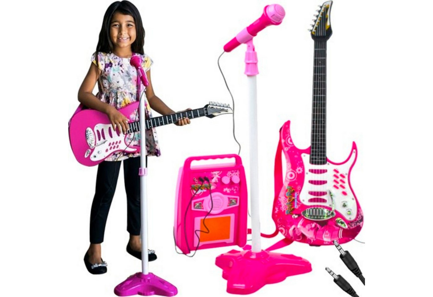 KRUZZEL Spiel-Gitarre Kinder E-Gitarre Set Rosa mit Verstärker Mikrofon MP3 LED-Lichter, (Kinder Musikspielzeug Set mit Gitarre Verstärker Mikrofon für Rollenspiel, Kinder E-Gitarre Set mit Mikrofon, Verstärker und Zubehör), Blinkende Lichter MP3-Musik abspielbar Kinderfreundlich