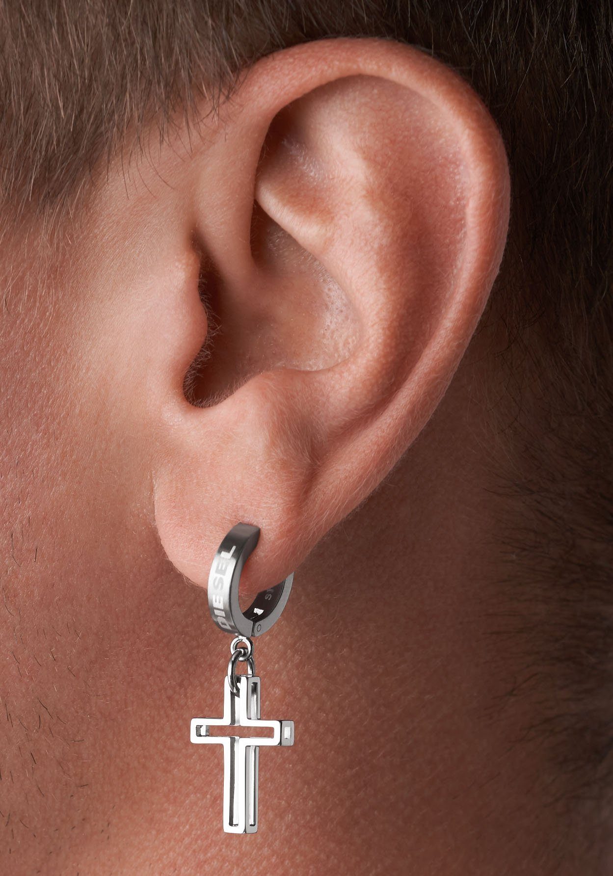 Diesel Single-Creole Schmuck Geschenk Edelstahl Ohrringe Kreuz STEEL – Bild 3 von 3