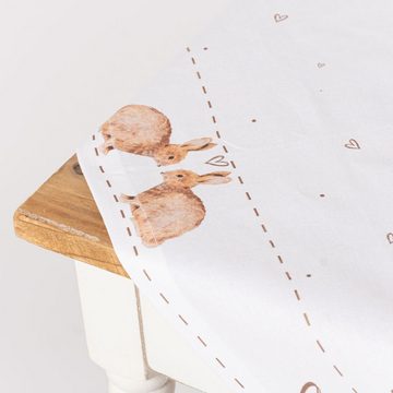 Clayre & Eef Tischdecke Mitteldecke Kaninchen Herzen aus Baumwolle weiß braun beige 100x100cm, Kuvertsaum