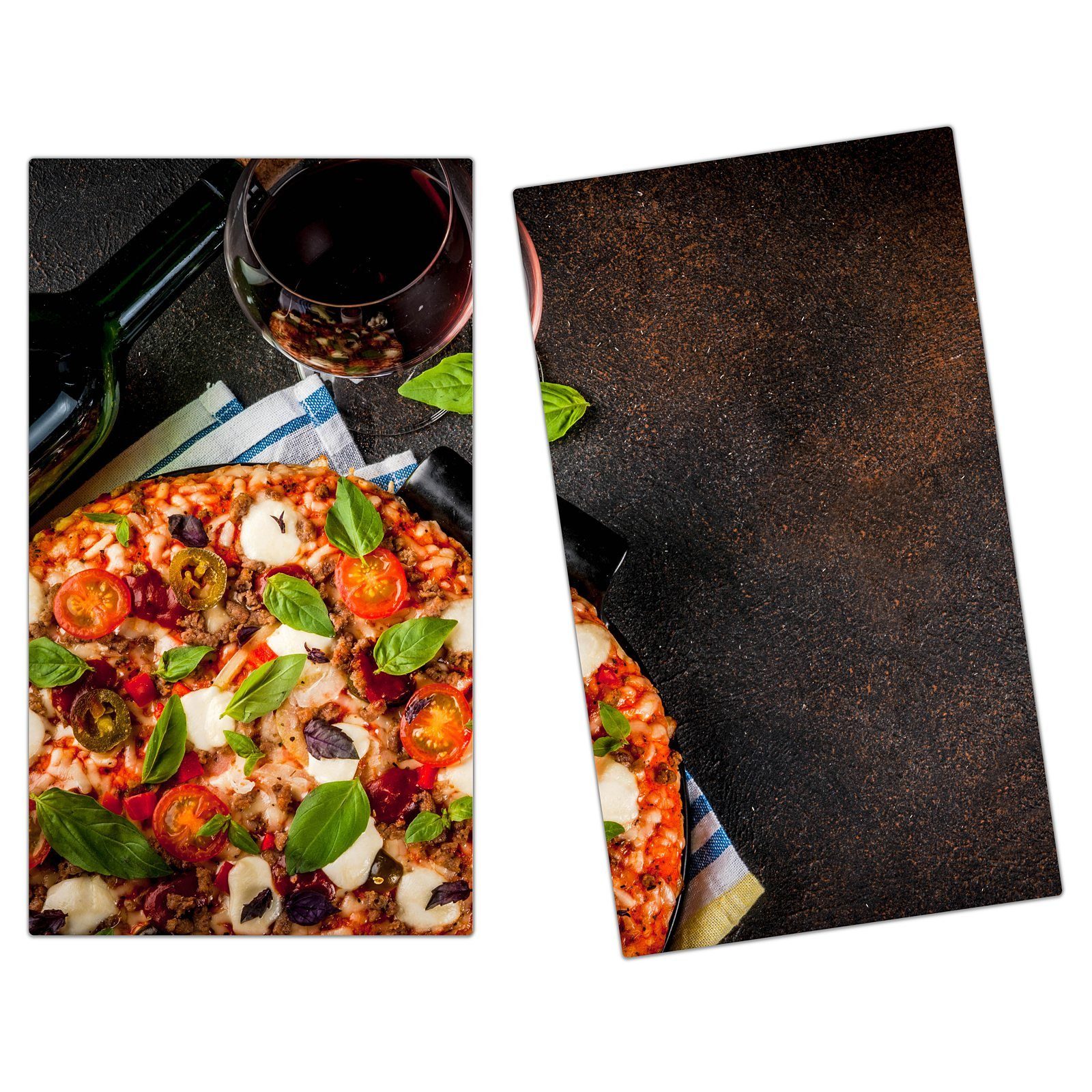 Primedeco Herd-Abdeckplatte Herdabdeckplatte Spritzschutz aus Glas Pizza und Rotwein, Glas, (2 tlg)