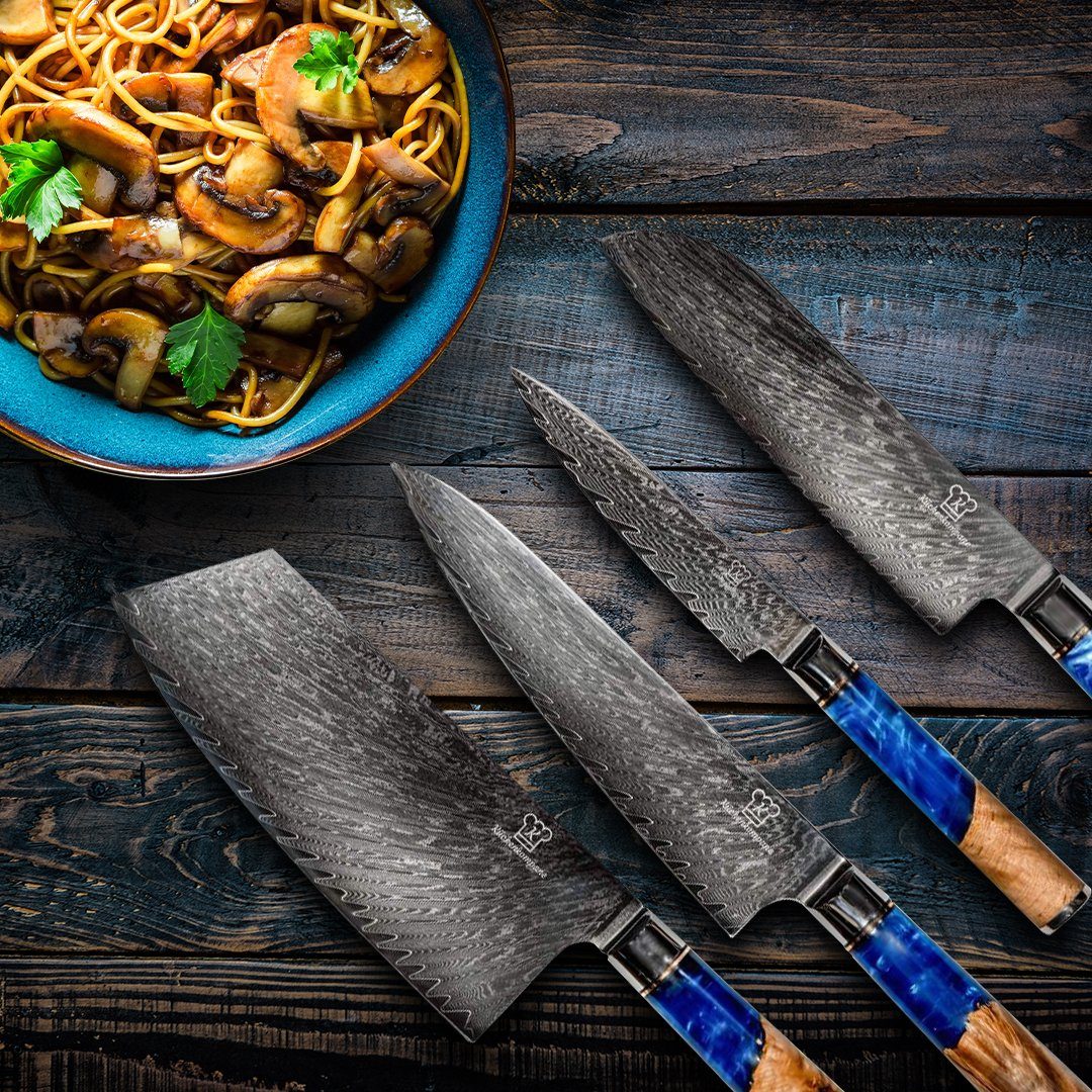 Küchenkompane Asiamesser Damast Küchenmesser Set mit magnetischer Holzleiste aus Akazie