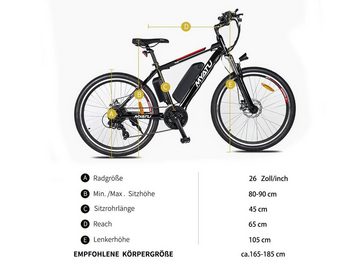 Myatu E-Bike 26 Zoll Elektro-Mountainbike mit 12,5AH Batterie, 21 Gang, Kettenschaltung, Heckmotor