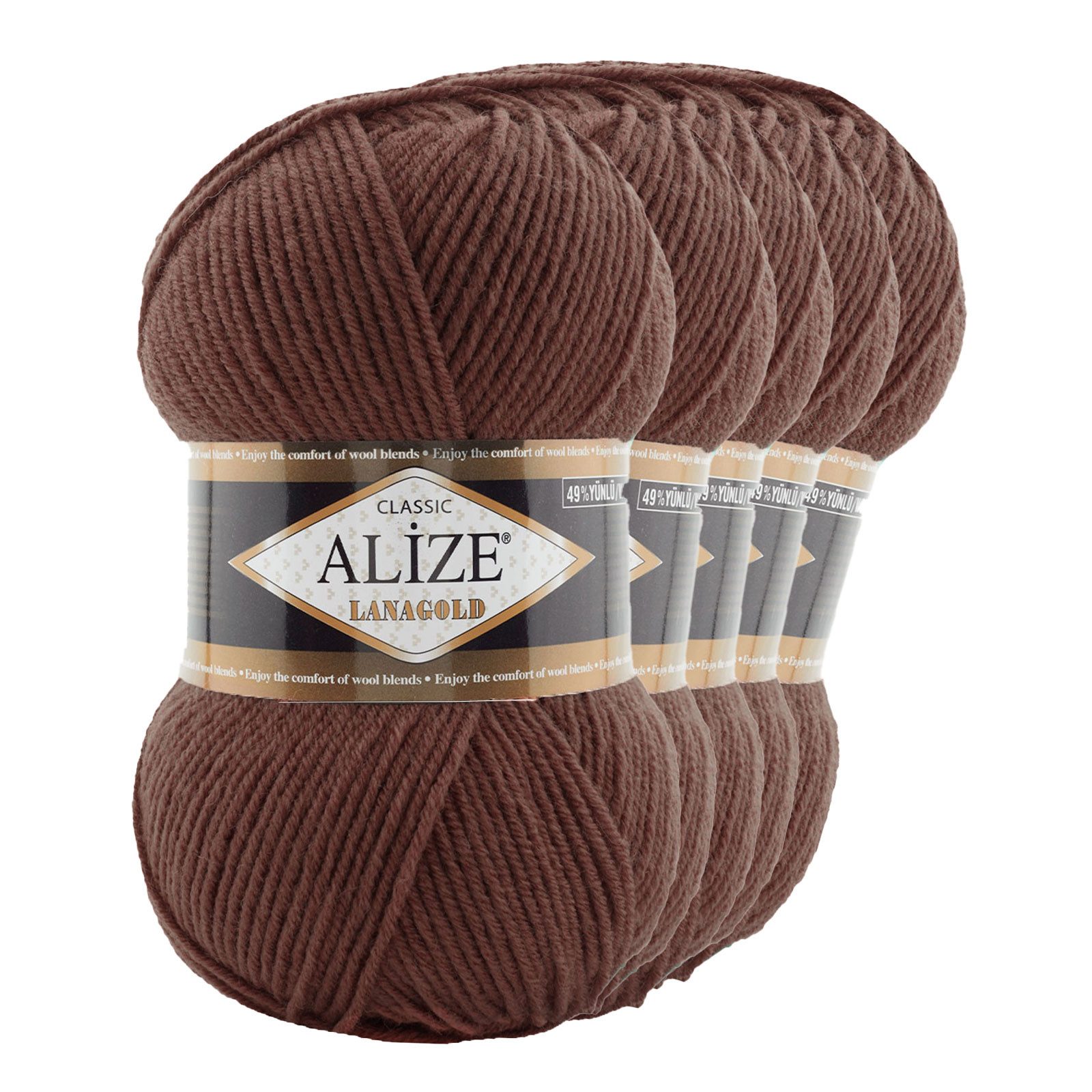 Alize 5 x 100 g ALIZE Lanagold 49% Wolle Strickgarn Winterwolle Schurwolle Häkelwolle, 240 m, rotbraun
