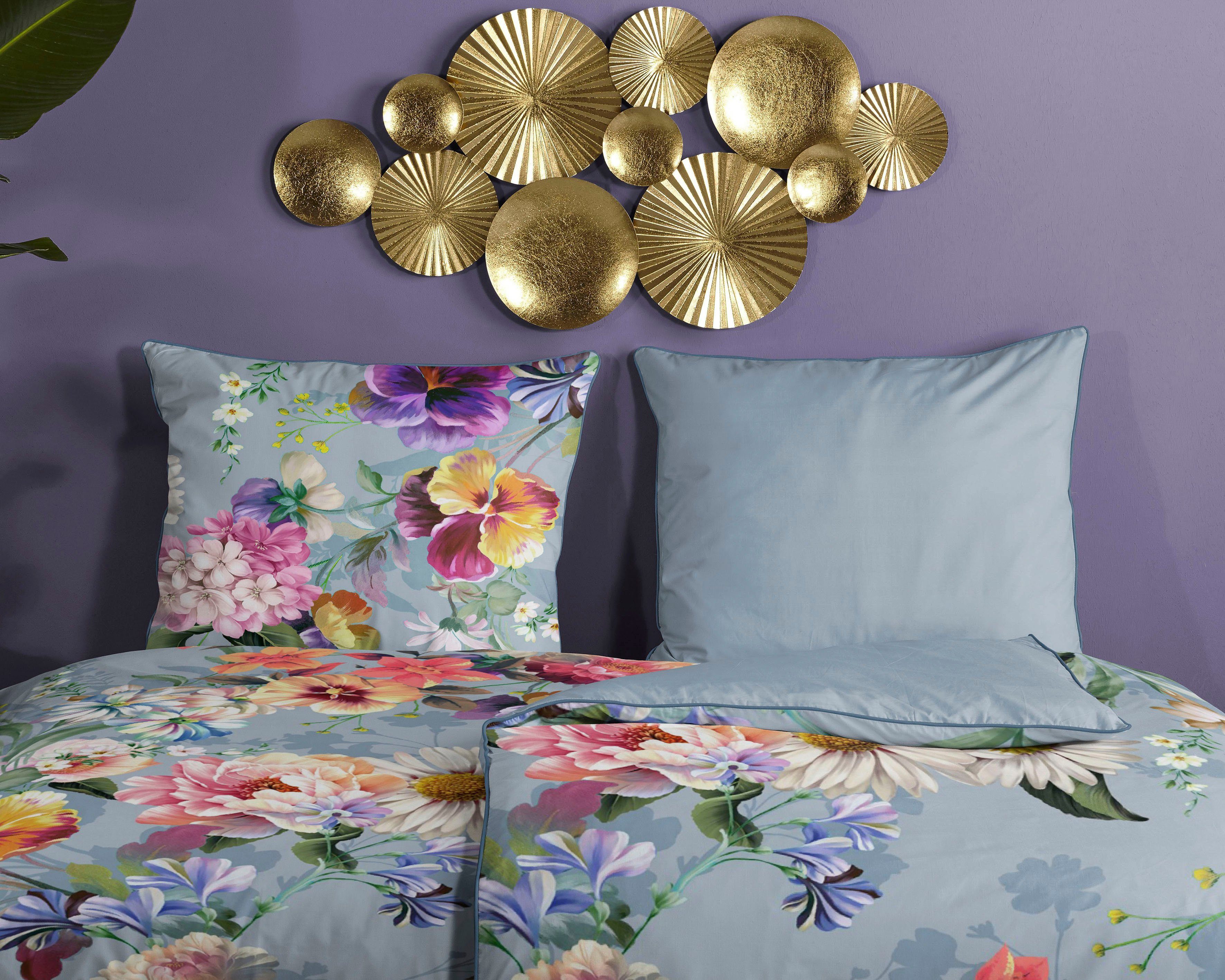Descanso Wendebettwäsche Novara, Satin (Bio-Baumwolle), 2 teilig, Baumwolle, Satin, 135x200, Biese, Reißverschluss, Wende, Blumen, Natur