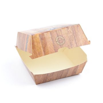 Einwegschale 500 Stück Hamburgerboxen "BURGER BOX" (Größe M), (120×116×85 mm), Snackbox Burger-Box Hartpapierbox Holzoptik Burgerverpackung
