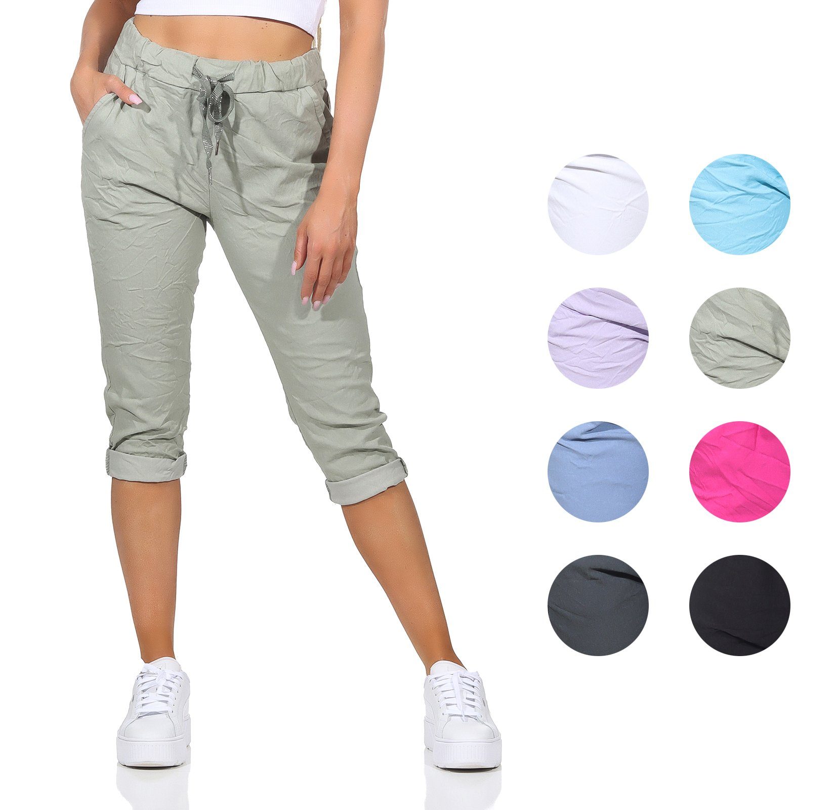 Bermuda Damen Kordelzug, sommerlichen Aurela 36-44 Sommerhose Damenmode Farben, und Hose 7/8-Hose Jeans Khaki in Taschen Capri Kurze