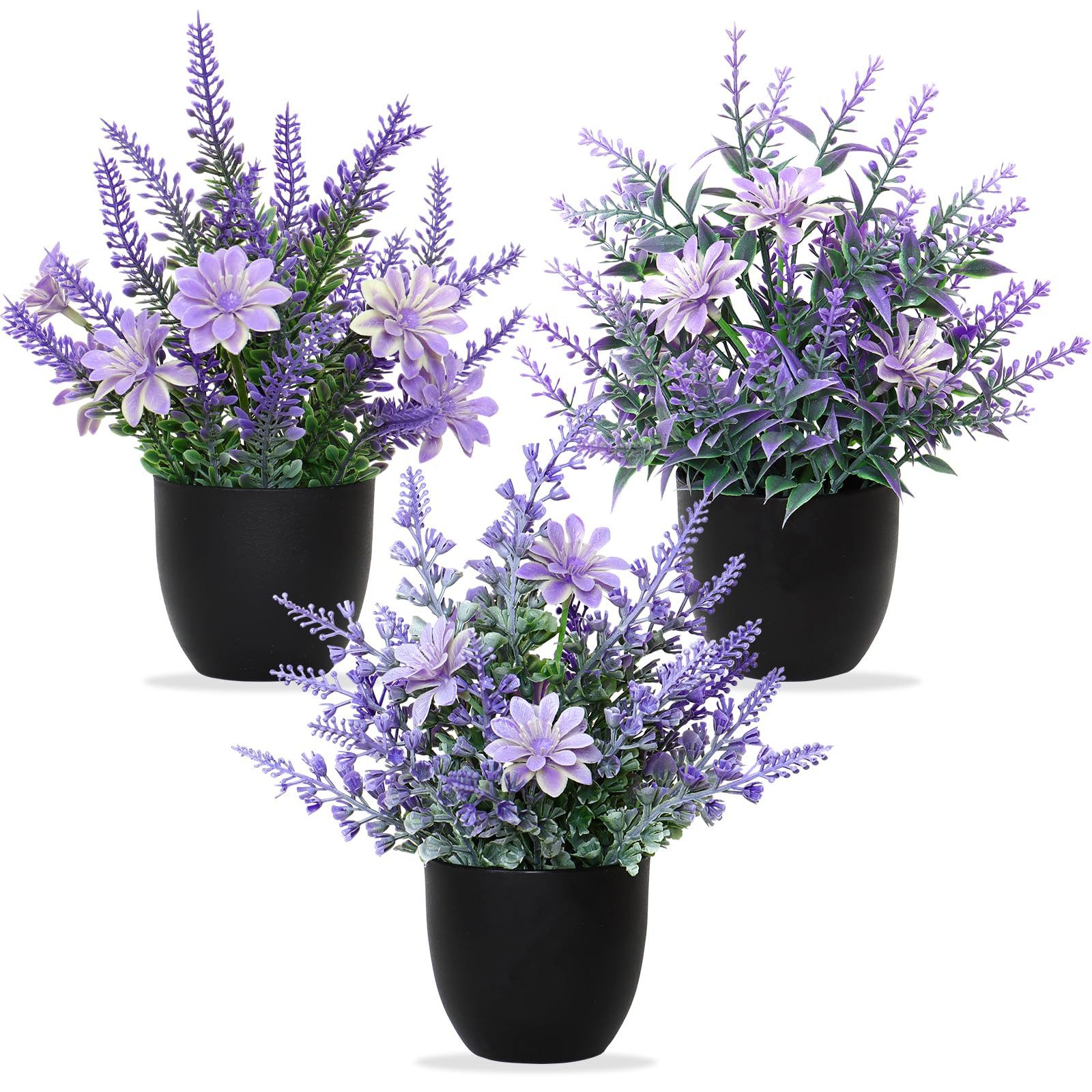 Kunstpflanze 3 Stück Künstliche Pflanzen mit Topf für Deko Wohnzimmer, Minicloss, Kleine Lavendel Pflanzen Dekor Kunststoff Pflanzen