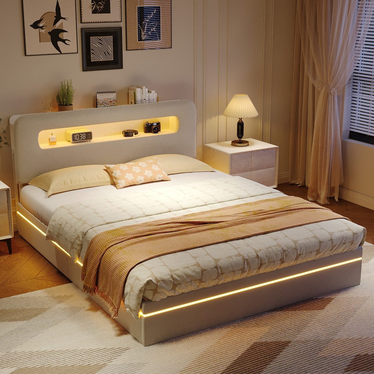PXloue Polsterbett LED Doppelbett 140x200 cm (USB-Ladeanschluss), Bettkaste günstig online kaufen