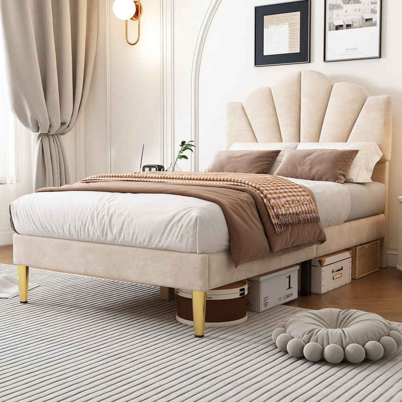 WISHDOR Polsterbett muschelartiges Bett (90 X 200 CM Ohne Matratze), Höhenverstellbares Kopfteil, Bett mit goldenen Eisenbeinen