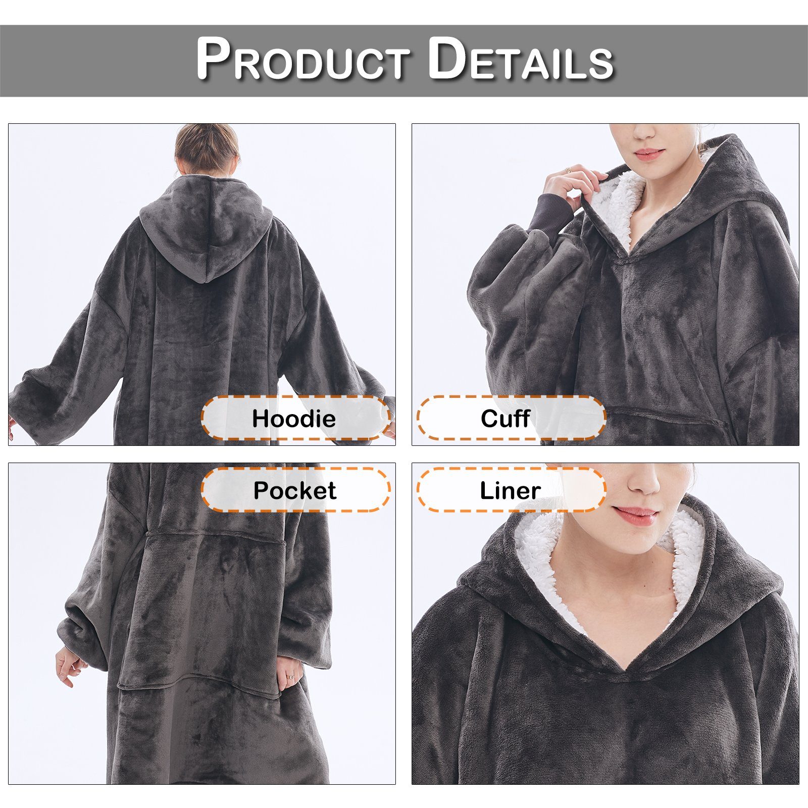 komfortable Super Sunicol, Riesenpullover weiche, Gemütliche Grau Fuzzy Blanket, großer Hoodie warme, Riesen-Hoodie, Wohndecke Fronttasche Übergroße mit