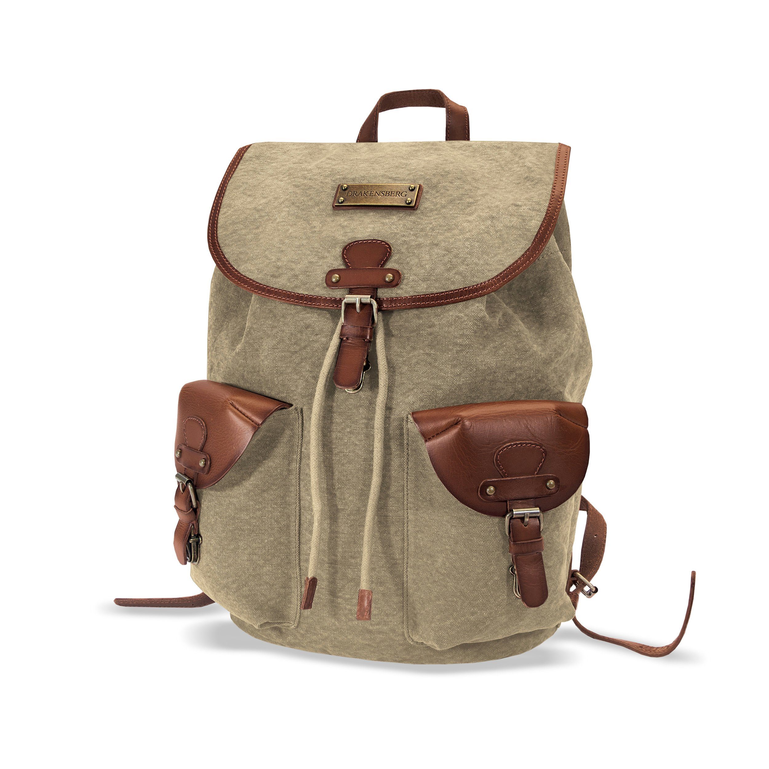 DRAKENSBERG Wanderrucksack »Henrietta« Khaki-Beige, unisex Cityrucksack aus Canvas und Leder im eleganten Vintage-Design