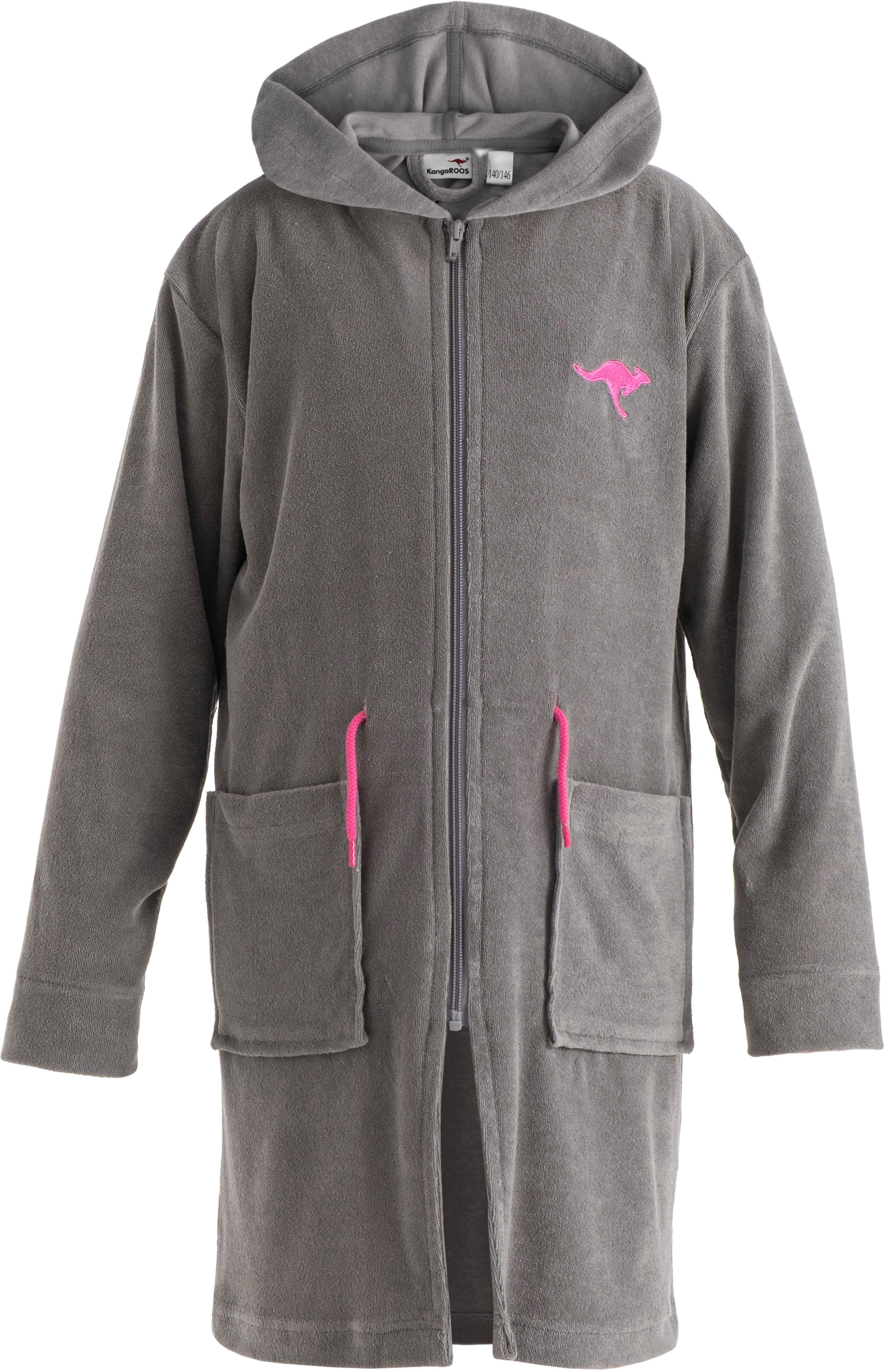 KangaROOS Kinderbademantel Kira, Ideal für Zuhause, Schwimmbad oder im Urlaub, Kurzform, Leichtfrottier, Kapuze, Reißverschluss, modernen, sportliches Design, leuchtenden Akzenten