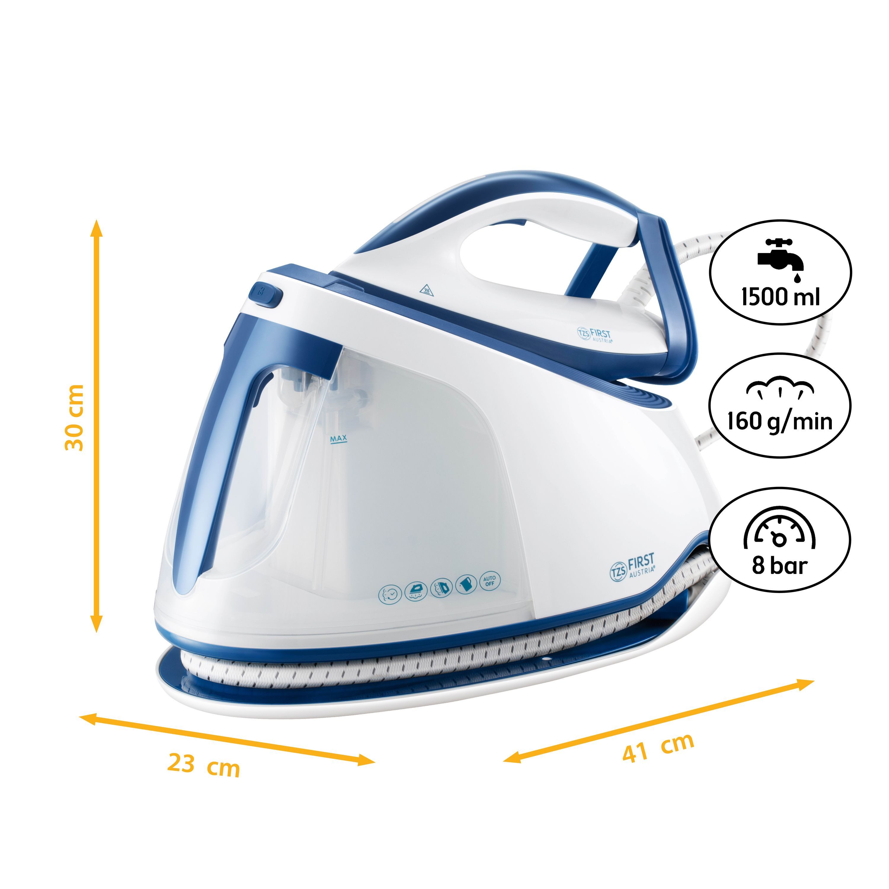 TZS FIRST AUSTRIA Dampfbügelstation 3000W, 8 bar Druck, 160g/min, 5g Dampfstoß, 1500ml Wassertank, Keramiksohle, Anti-Tropf- & Ausschaltfunktion, Vertikaldampf, Antikalk