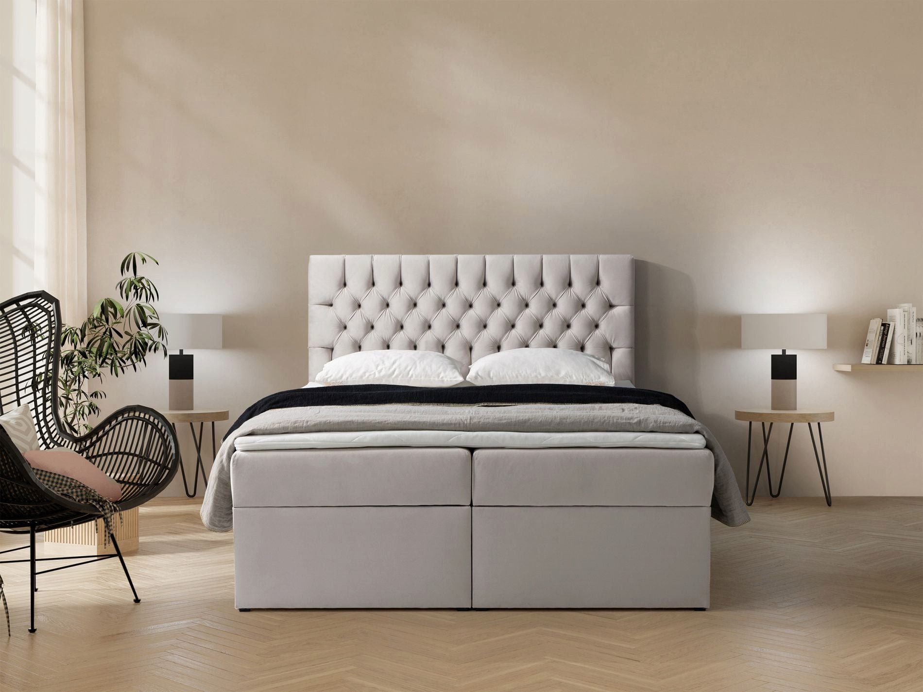 Selsey Boxbett DAISSY, Bett mit Kopfteil Matratze, Topper und Bettkasten, Velours