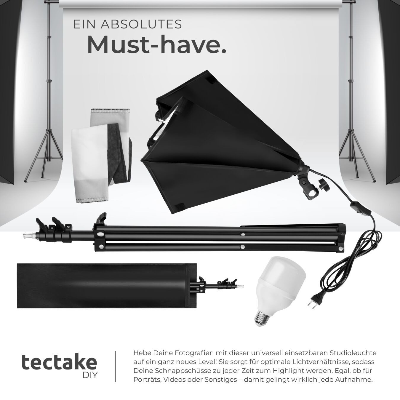 tectake Studioleuchte Studio-Stativ-Blitz, (mit Softbox und ausziehbarem Stativ)