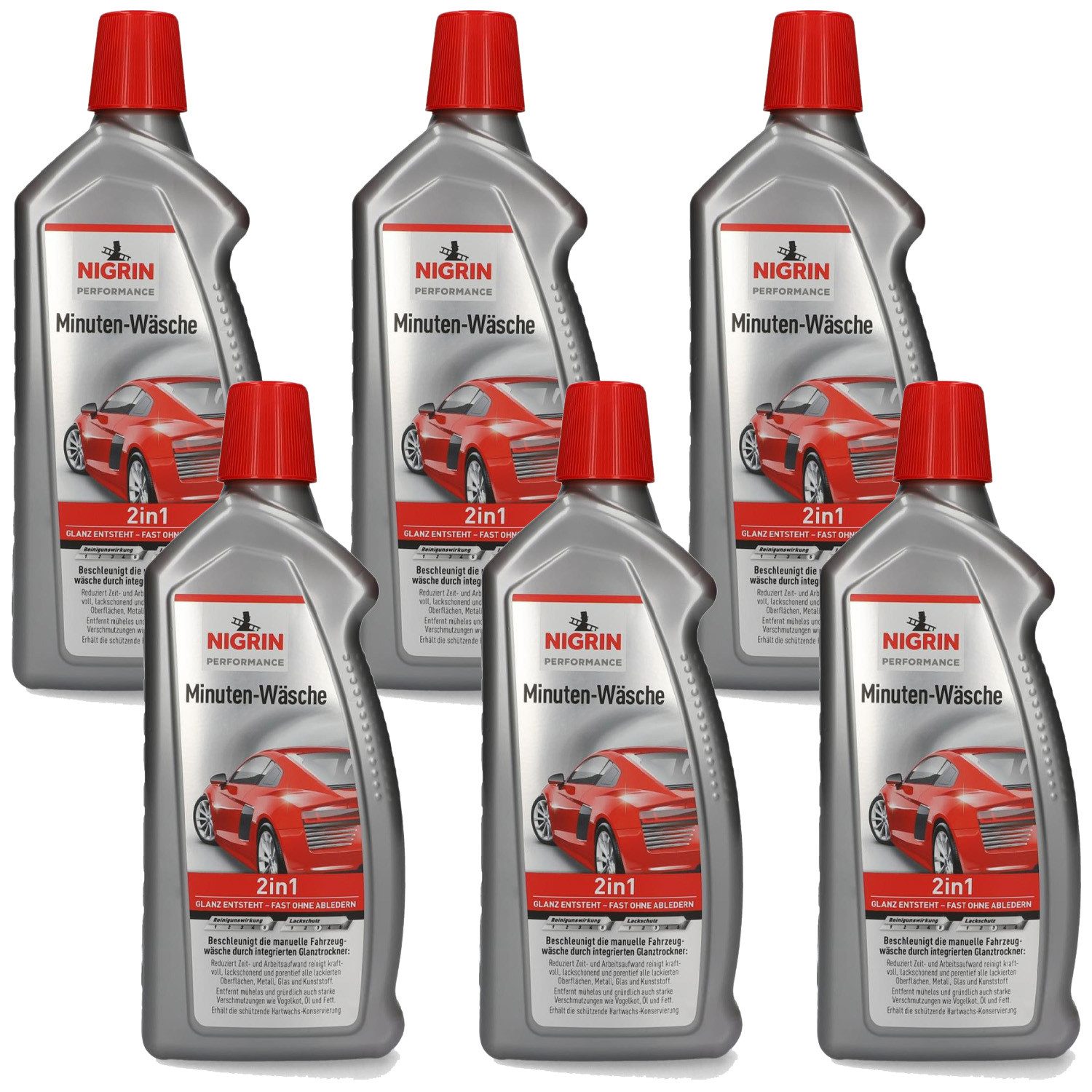 NIGRIN 6x 2in1 Minuten-Wäsche Auto-Shampoo + Glanz Autoshampoo (6x 1000ml Performance Minutenwäsche Reiniger Reinigung + Lack-Schutz Hartwachs-Konservierung Autowäsche)