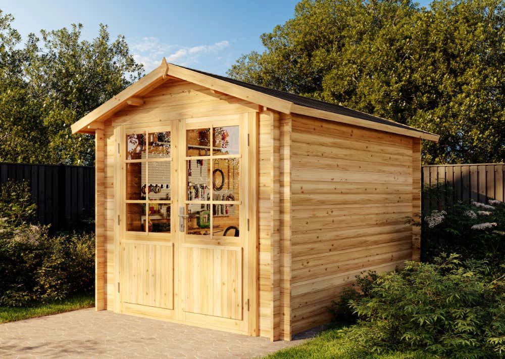 Alpholz Gerätehaus Holz Bremen B, BxT: 270x340 cm, in Imprägniert (Pinie) mit 28mm Wandstärke