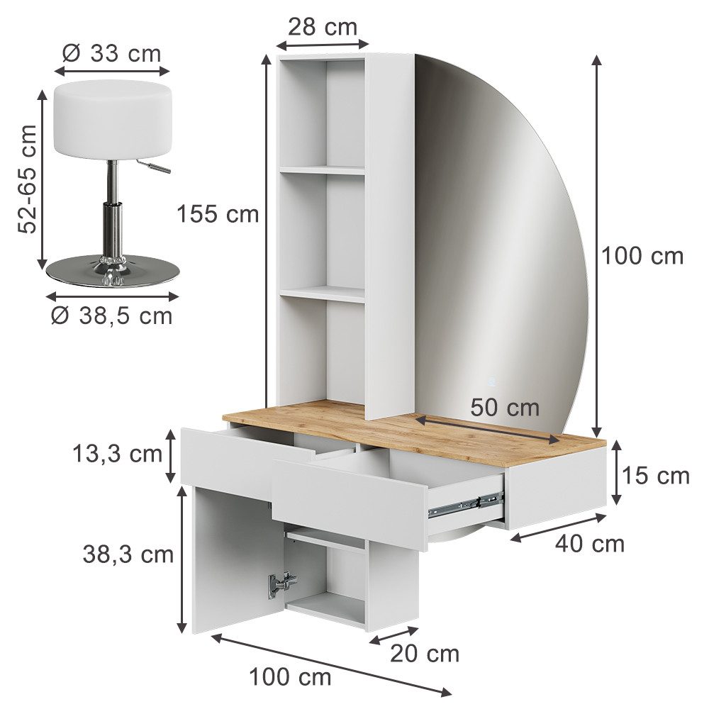 Vicco Schminktisch Melora, Weiß/Eiche, 100 cm mit LED-Spiegel und Hocker (3-St)