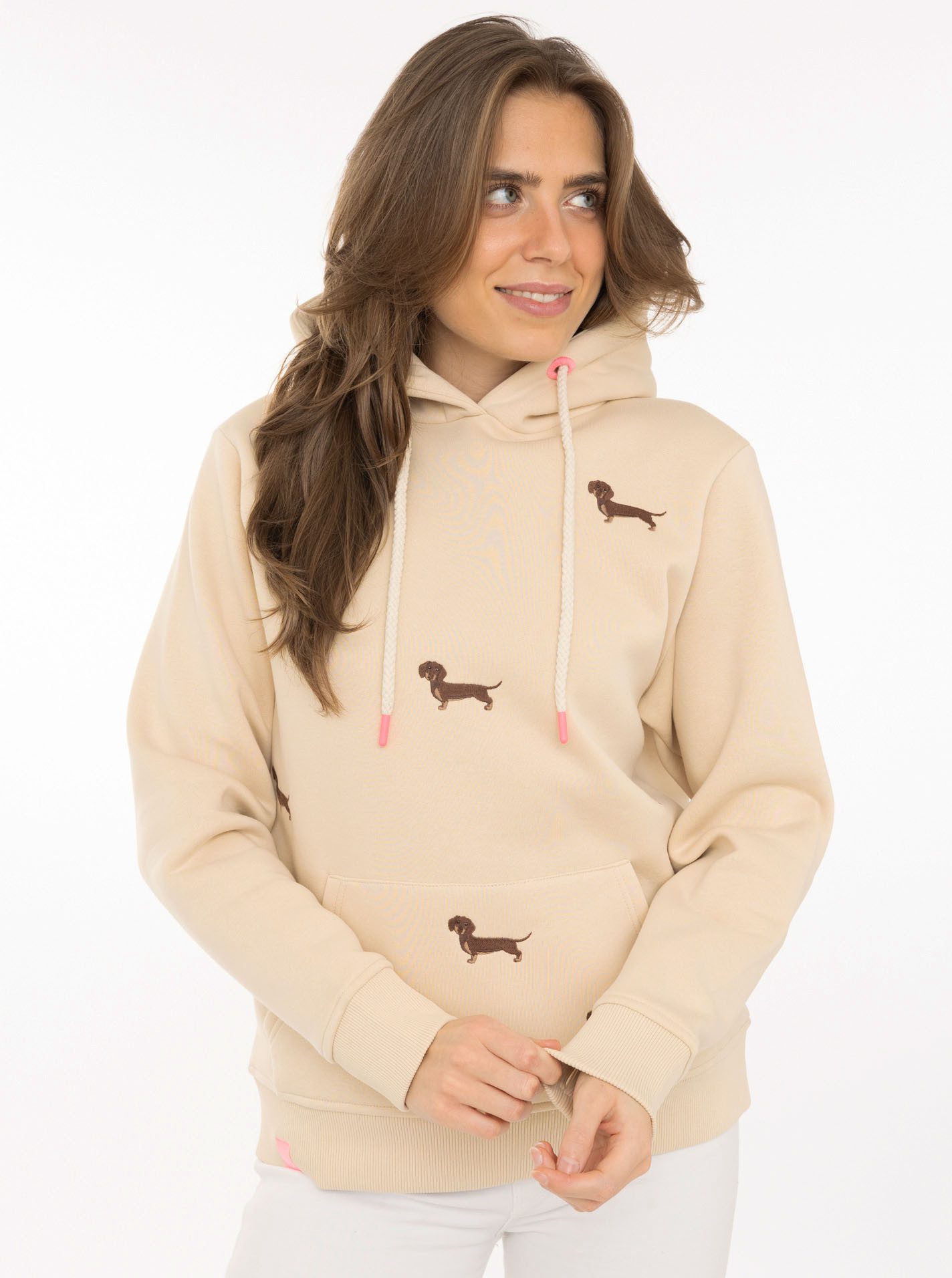 Zwillingsherz Hoodie "Dackel all over" gestickte Dackel auf Vorderteil, Kapuze, Tasche, Rippbündchen