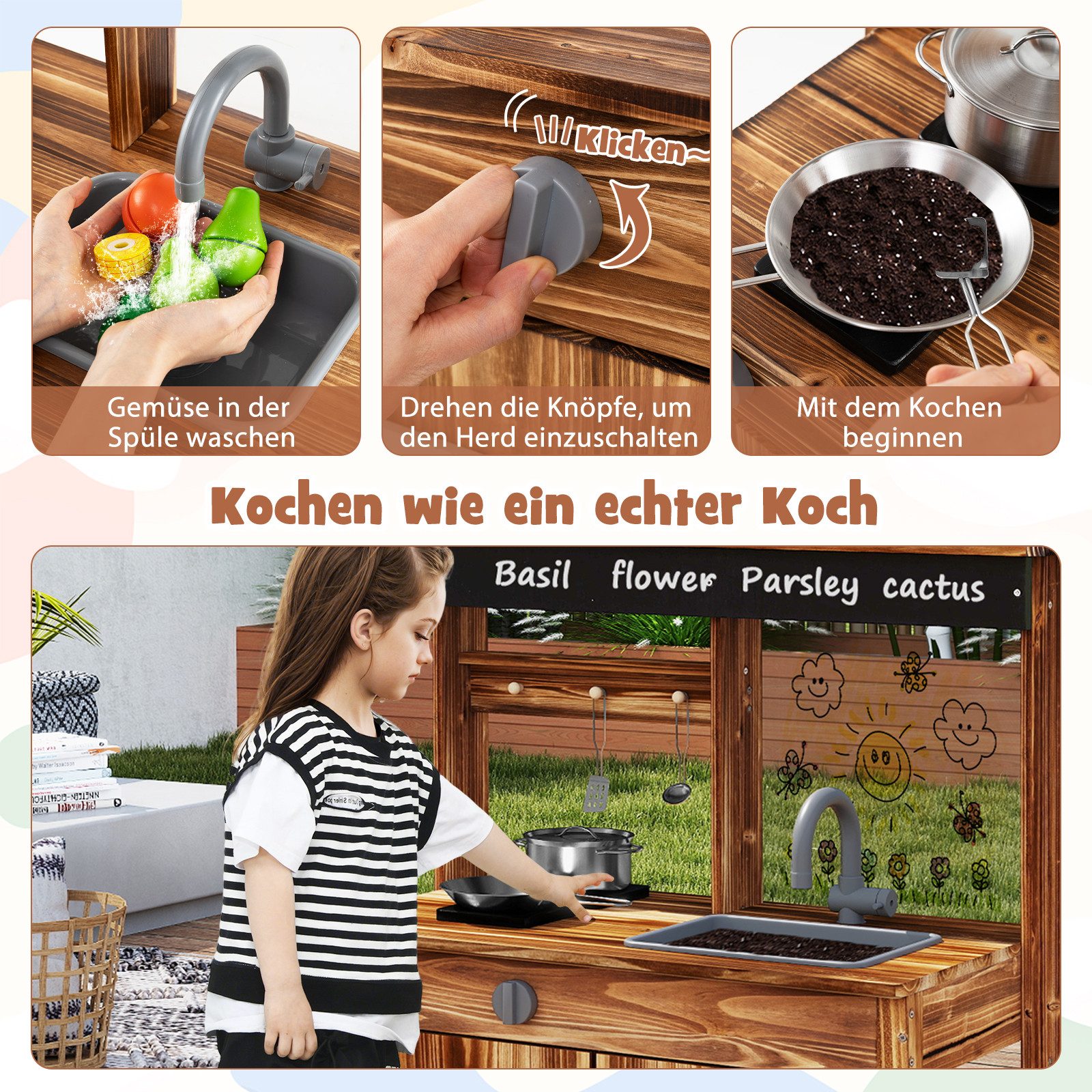 KOMFOTTEU Outdoor-Spielküche, Kinderküche mit 4 Kochzubehör & Pflanztöpfen