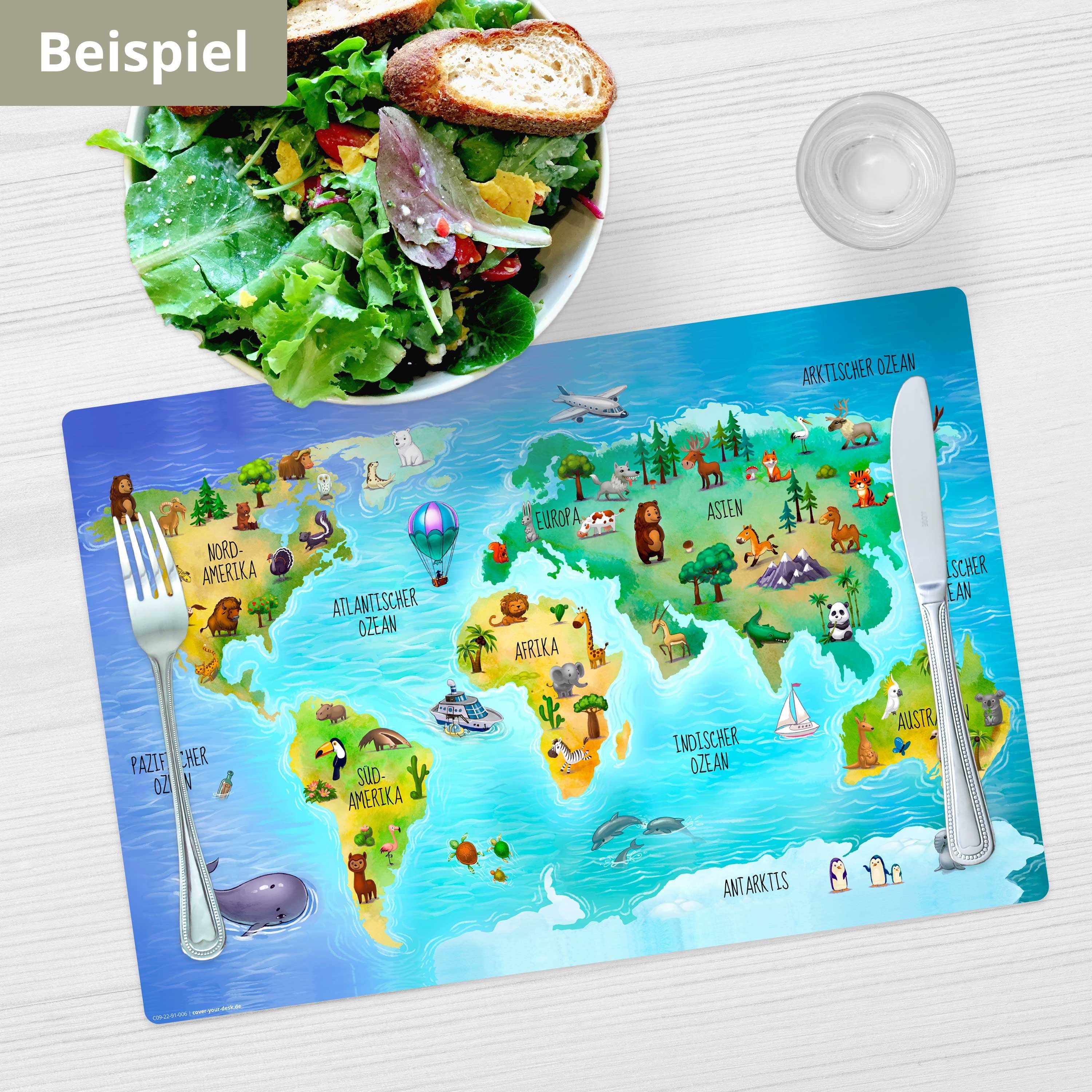 Tischsetmacher Platzset Tischset,  Platzset abwaschbar - für Kinder - Weltkarte mit Tieren, (aus erstklassigem Vinyl (Kunststoff - BPA-frei) - in deutsch, 1-St., 44 x 32 cm - rutschfeste Tischdekoration), Made in Germany