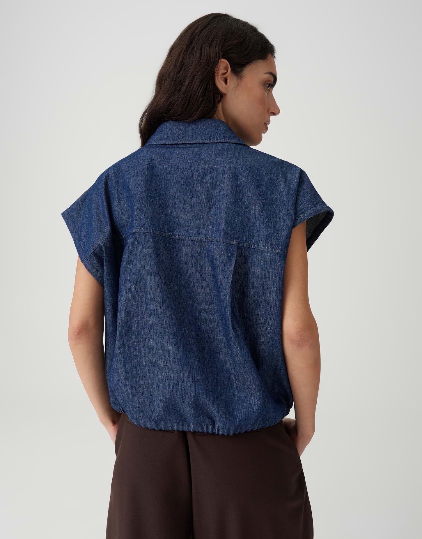OPUS Kurzarmbluse aus Chambray mit Tunnelzug Utility Details mit modernem Casual Look