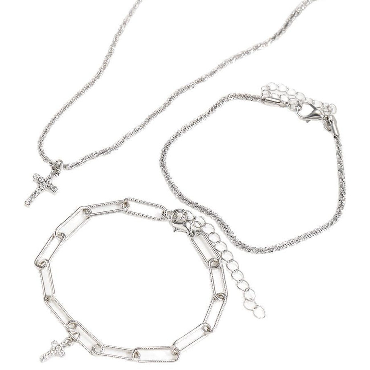 Valentinstagsgeschenk KARMA Schmuckset Damen Kreuz Silber Legierung Halskette und Armbänder (Damenhalskette Damenarmbänder, Geschenkset für Frauen)