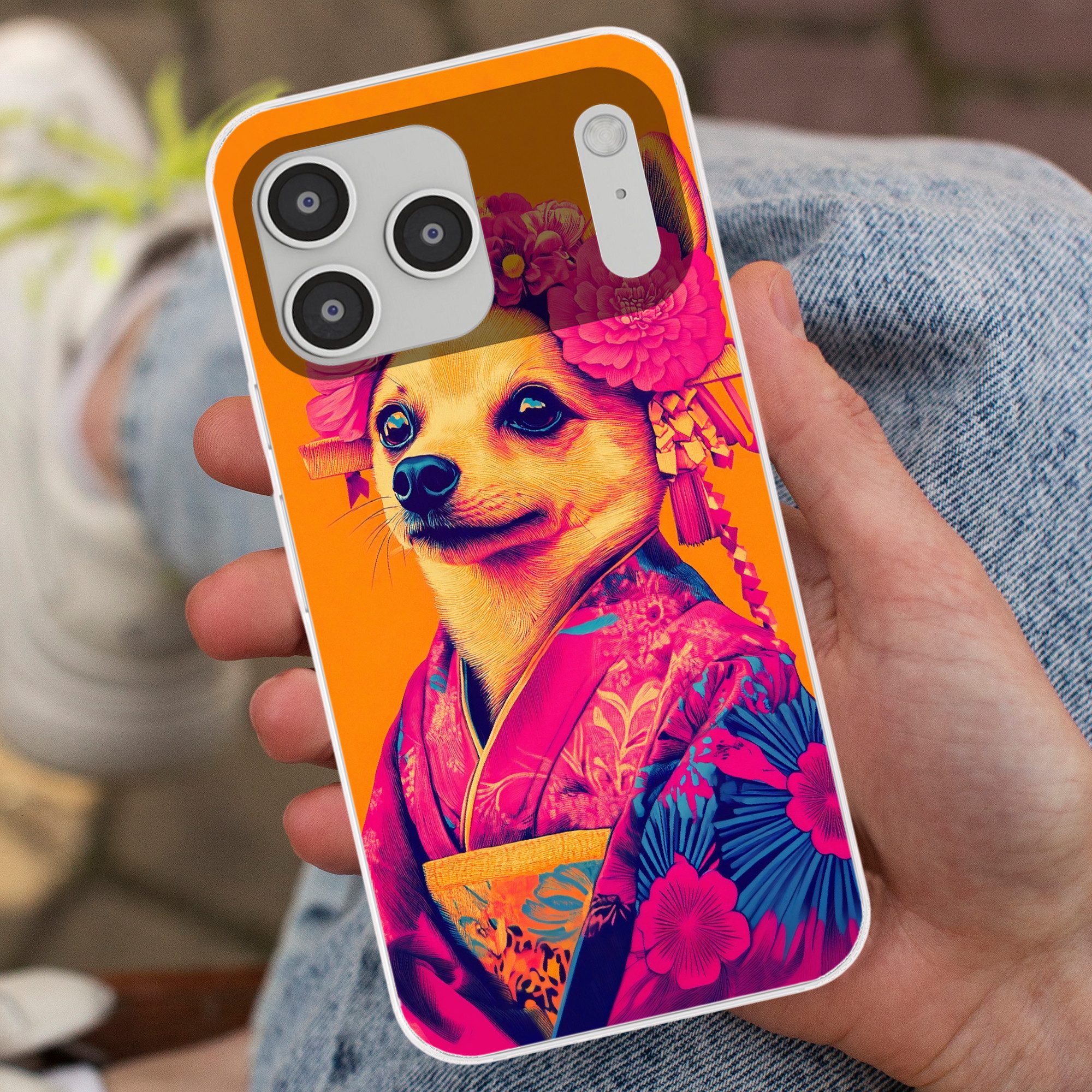 MuchoWow Handyhülle für Apple iPhone 17 Pro Max Kimono - Hündchen - Blumenkrone - Orange, Smartphone-Bumper, Print, Handy Schutzhülle Dünn