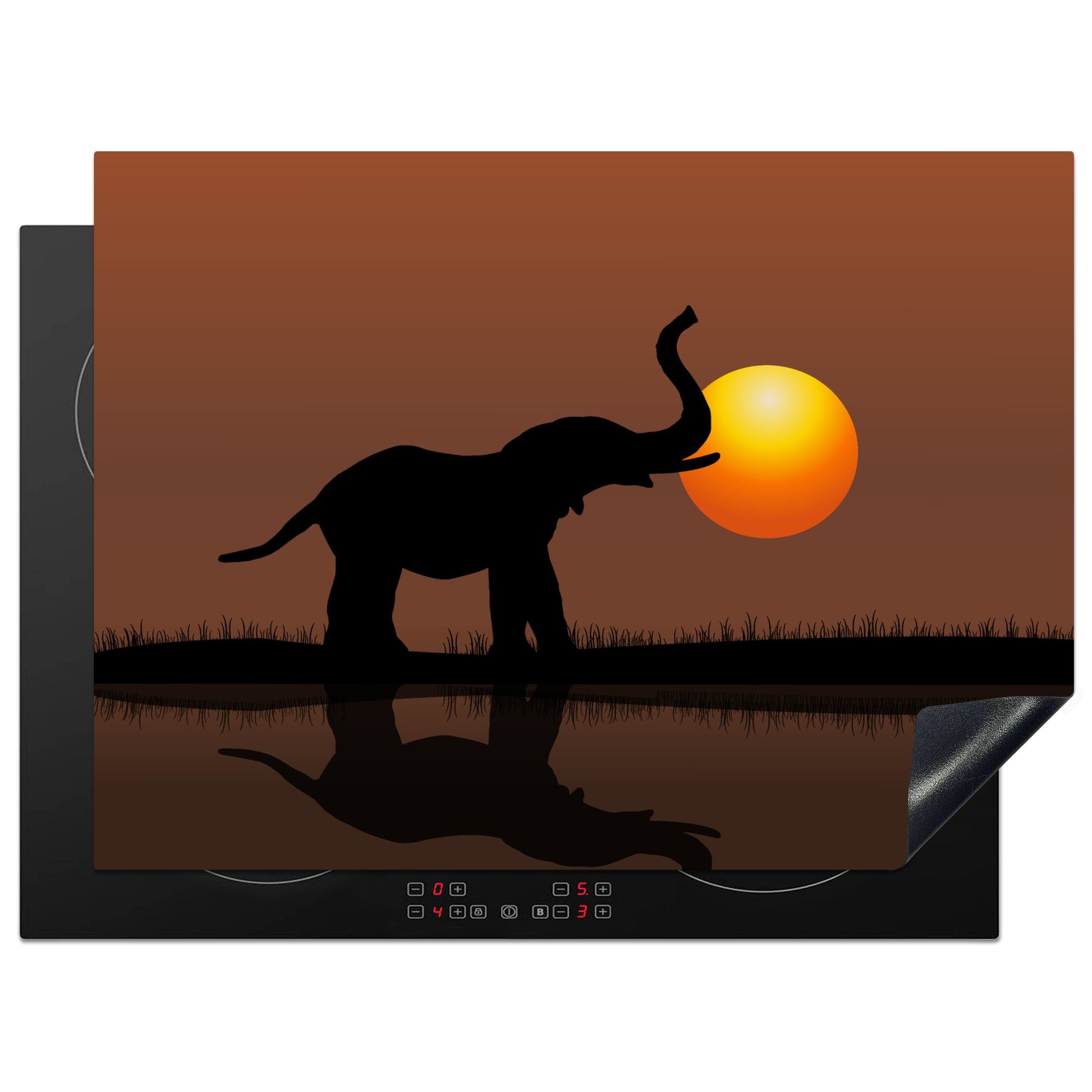 MuchoWow Herdblende-/Abdeckplatte Eine Vektor-Illustration eines Elefanten bei Sonnenuntergang, Vinyl, (1 tlg), 70x52 cm, Mobile Arbeitsfläche nutzbar, Ceranfeldabdeckung | Herdabdeckplatten