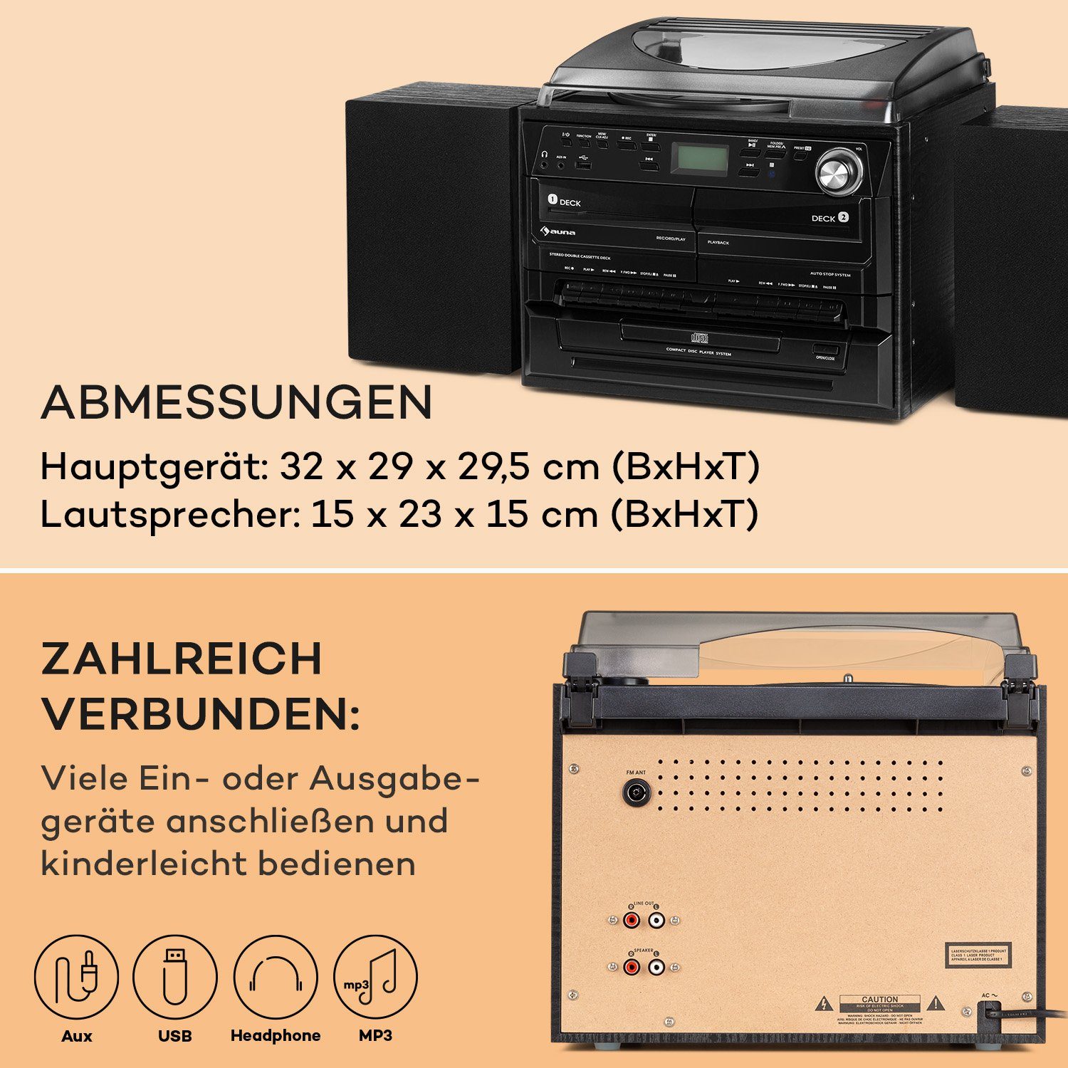 W, Stereoanlage Radio Vinyl Player Kompaktanlage) 388-DAB+ Musikanlage Stereoanlage (FM mit Auna und 10 Radiotuner, CD DAB+