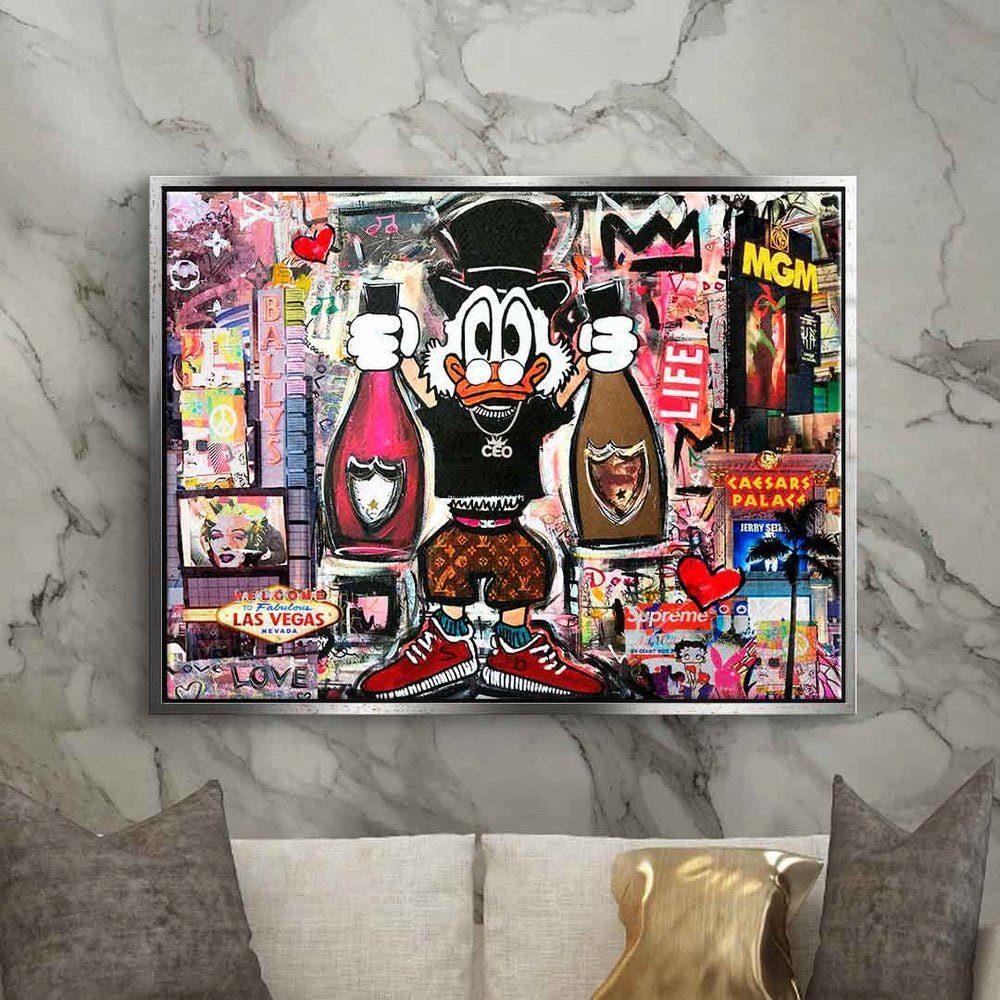 ohne Las Dagobert Pop Leinwandbild Leinwandbild Dagobert quer Comic in Duck Las DOTCOMCANVAS® Rahmen Vegas, Vegas Collage Art