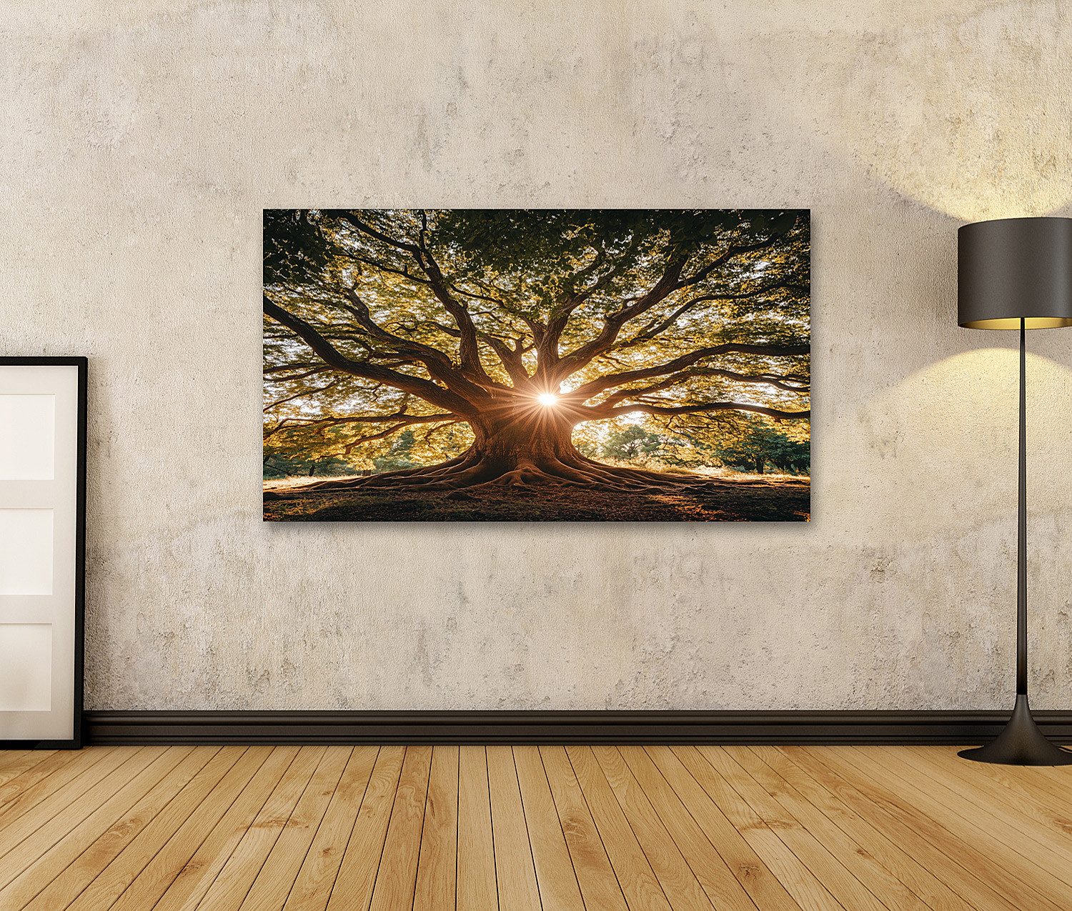 islandburner Leinwandbild, Mächtiger Baum mit Sonnenstrahlen