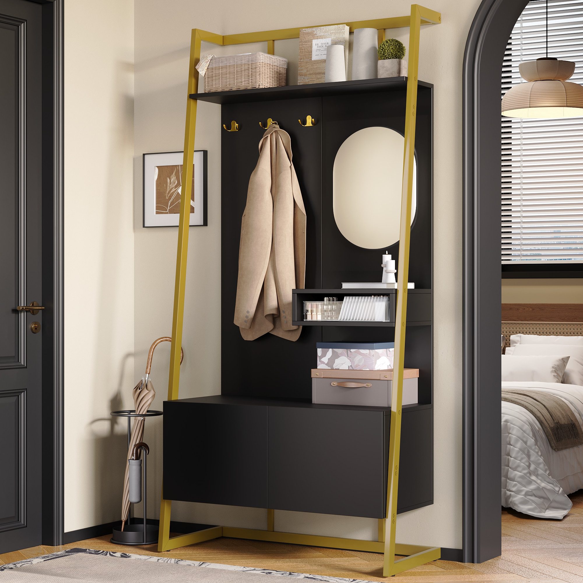 Merax Kompaktgarderobe mit Spiegel, Garderoben-Set aus Holz & Metall (1-St) Flurschrank mit Metallhaken, Schuhschrank & Sitzbank, 78×180,5×38,5 cm