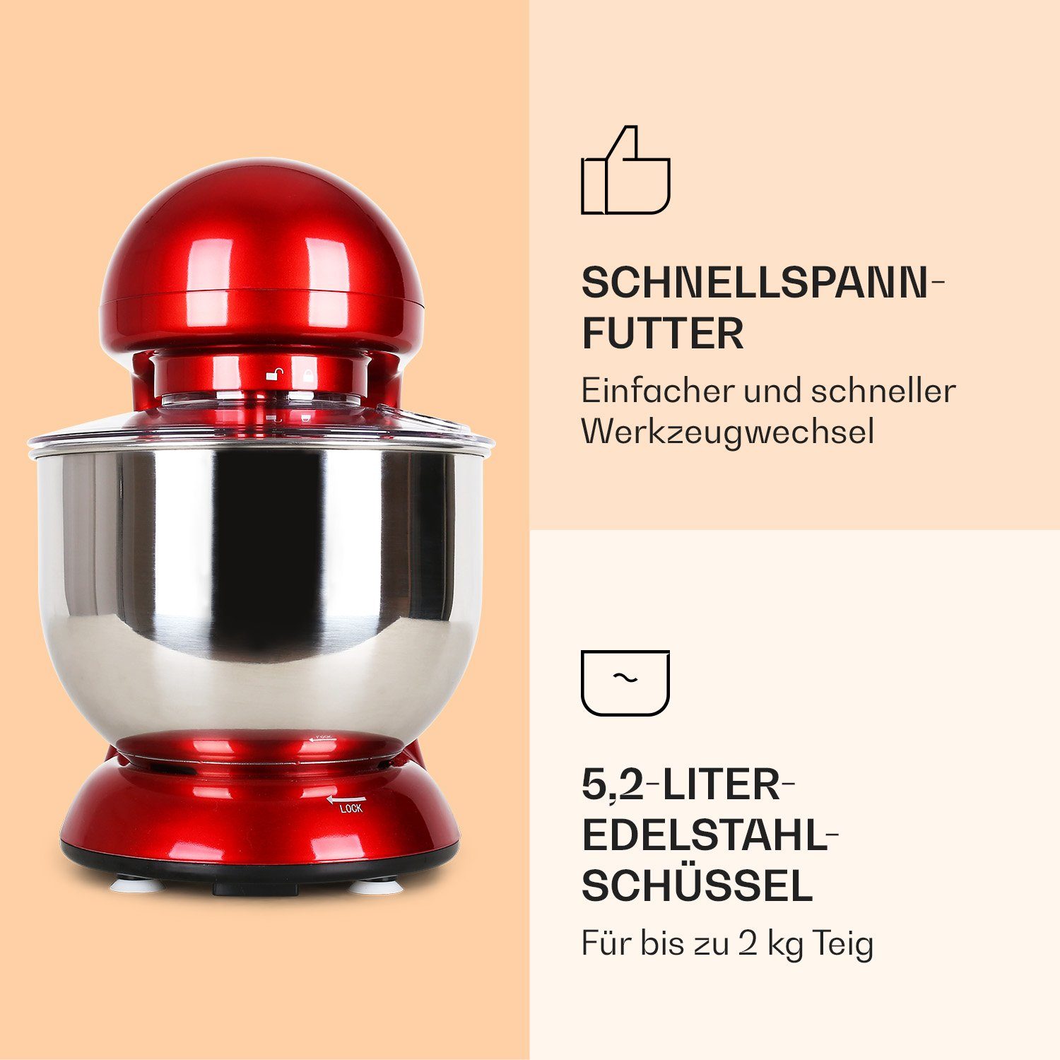 Klarstein Küchenmaschine Bella Küchenmaschine 1800W 2,7 PS 5L Edelstahl 6 Stufen Planeten, 1800 W, 5.2 l Schüssel, Knetmaschine Teigmaschine Teigknetmaschine Rü – Bild 5 von 5