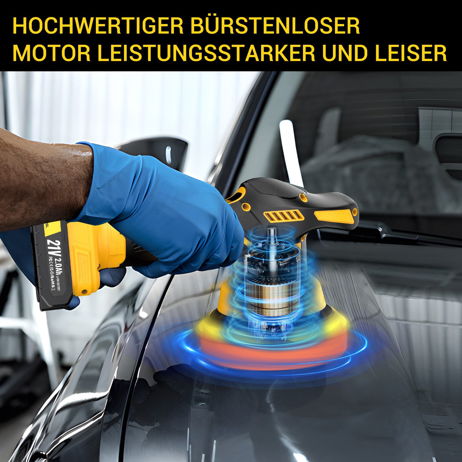 CONENTOOL Akku-Poliermaschine 6 Zoll 8-Geschwindigkeitsstufen, 2500 min. U/min, 5000 max. U/min, Multifunktions-Reinigungs- & Poliermaschine für Auto, Möbel & m – Bild 4 von 5