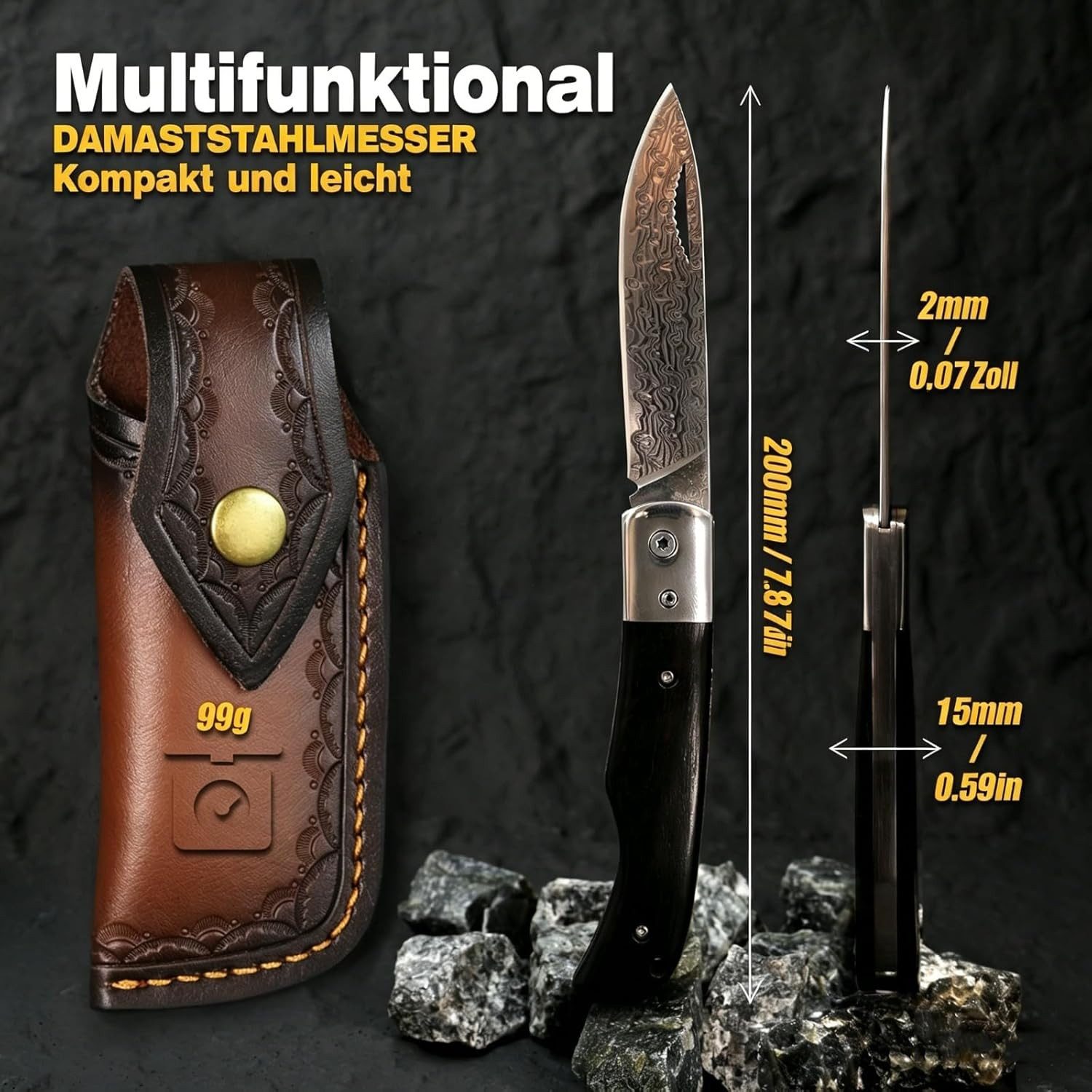 KingLux Damastmesser Damast Taschenmesser Zweihandklappmesser OutdoorJagdmesser