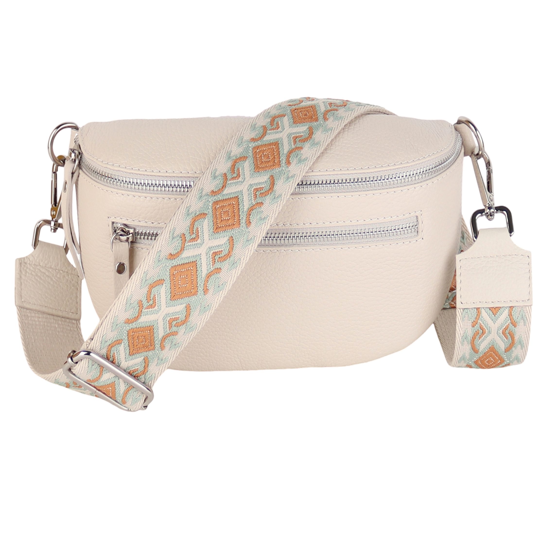 MIRROSI Bauchtasche Damen, Echtleder, Leder, Made in Italy, Umhängetasche, Brusttasche, (Schultertasche für jeden Anlass (1 Tasche & 2 Gurt), Mit zwei Reißverschlüssen, Gr.M 27x14x8cm oder Gr.L 27x20x9cm), Beige Crossbody Bag, gemusterten& verstellbaren Schulterriemen